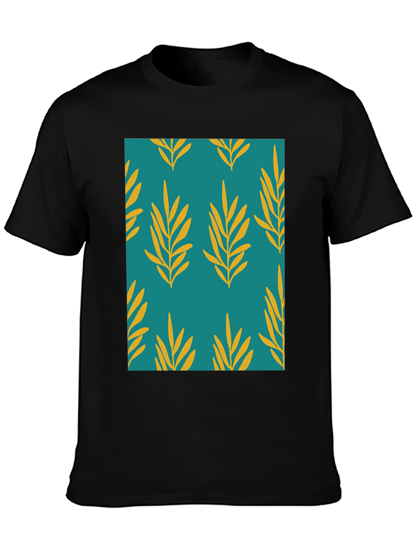 Leaf Pattern Print Mens Black T-Shirt