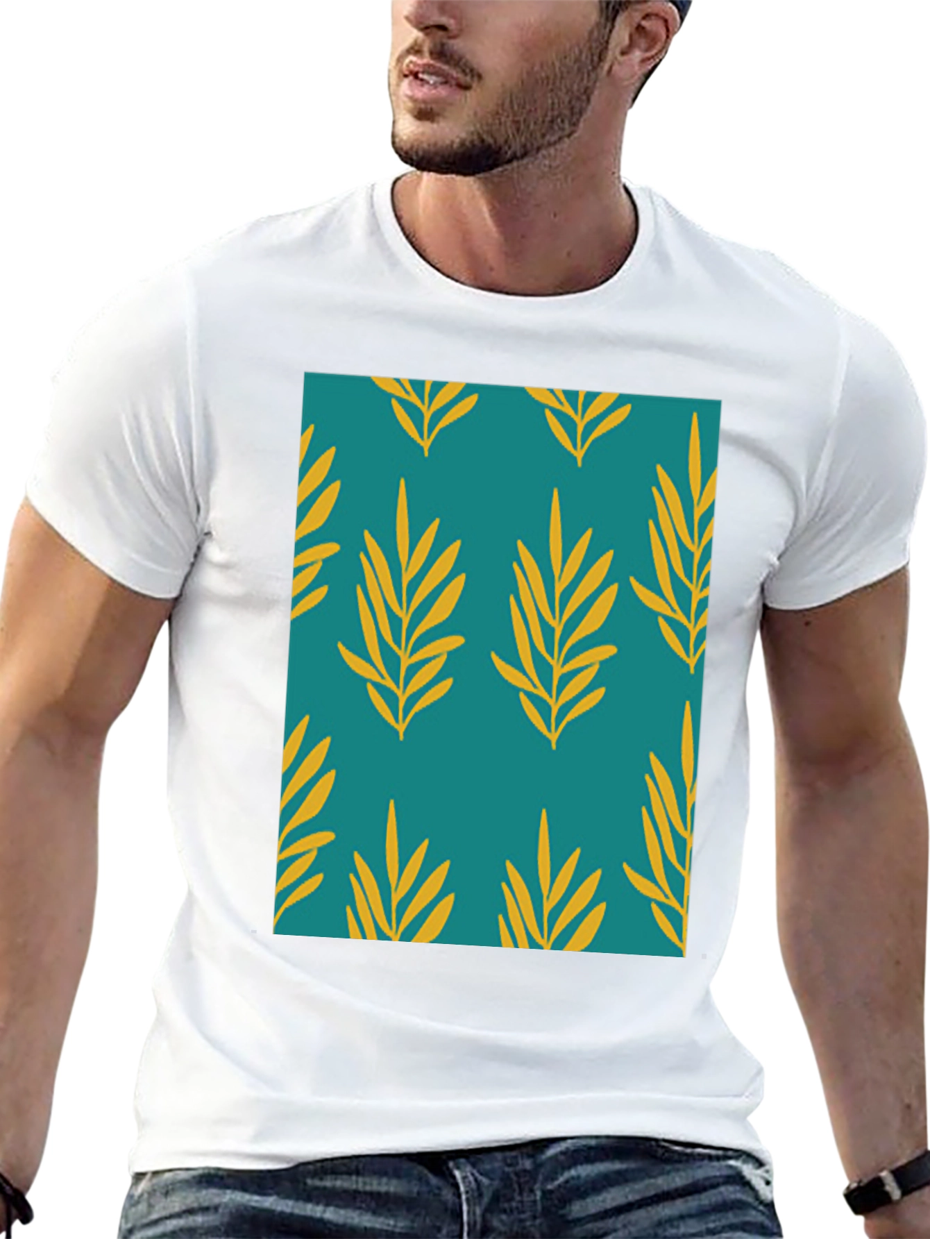 Leaf Pattern Print Mens Black T-Shirt