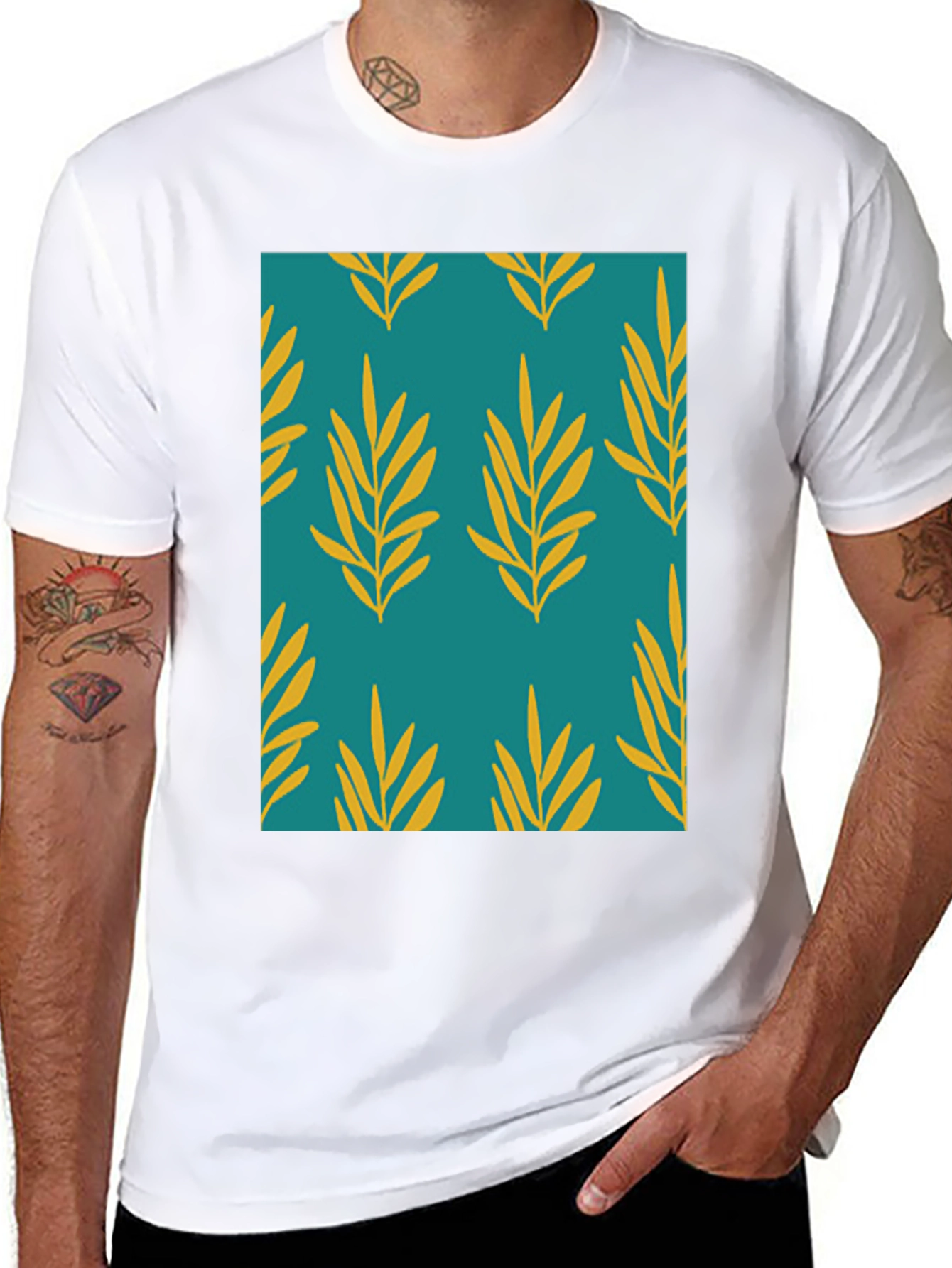 Leaf Pattern Print Mens Black T-Shirt