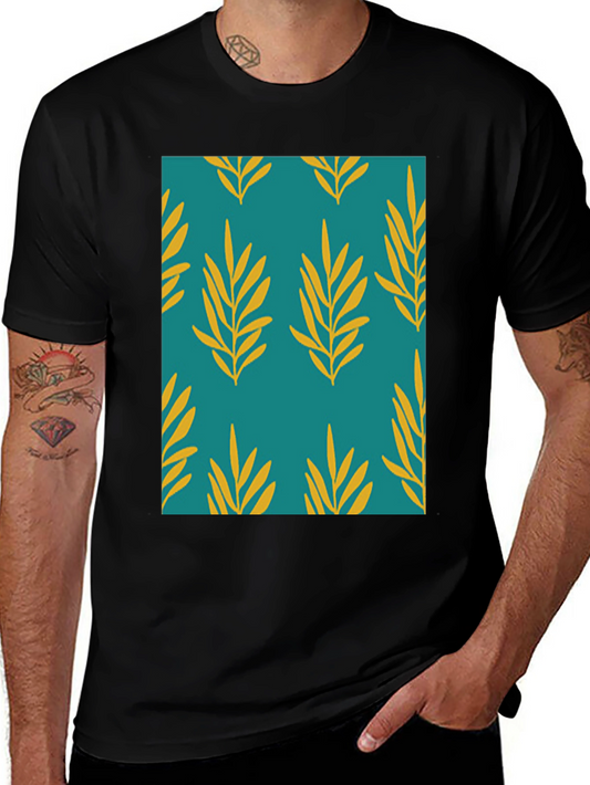 Leaf Pattern Print Mens Black T-Shirt