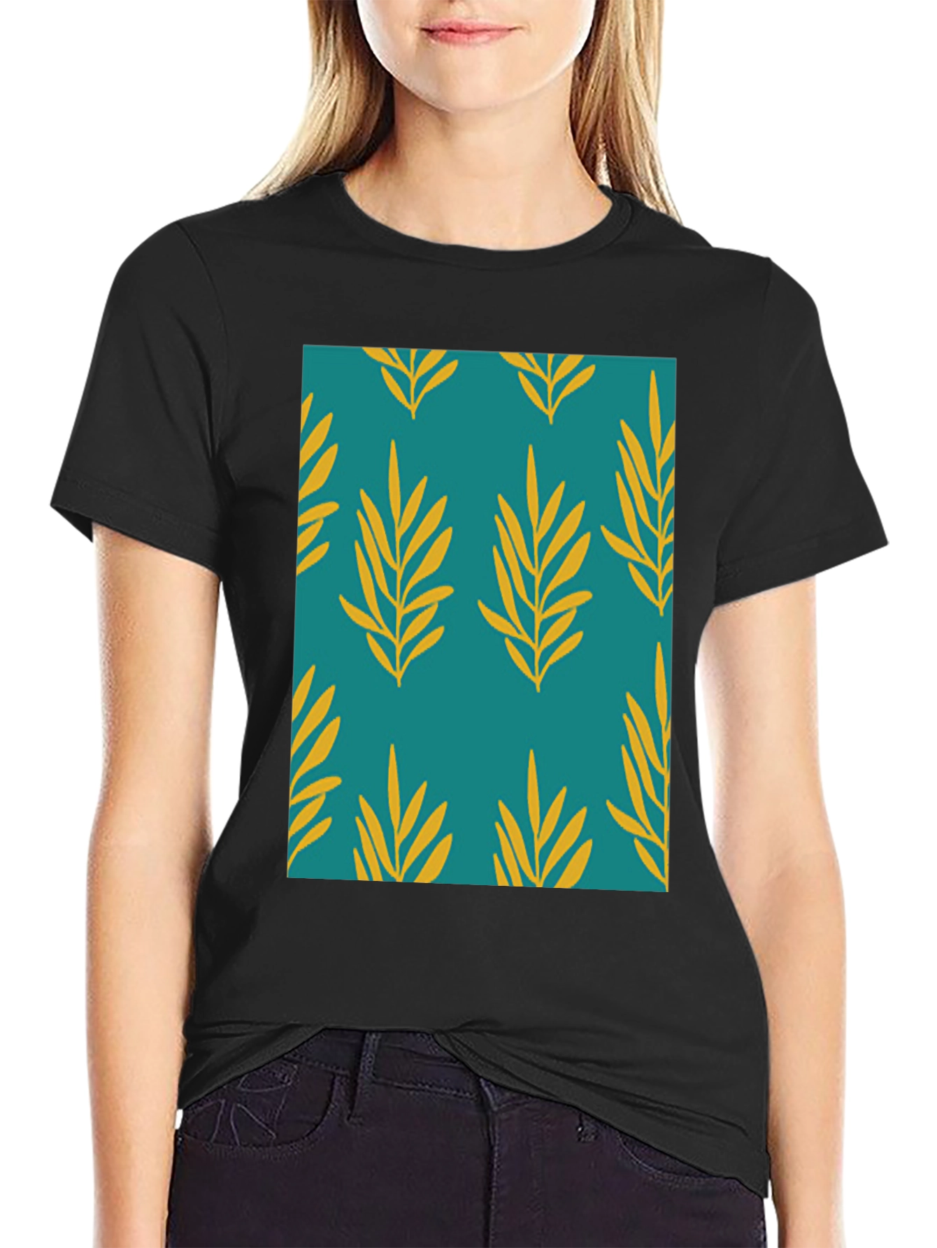 Leaf Pattern Print Mens Black T-Shirt