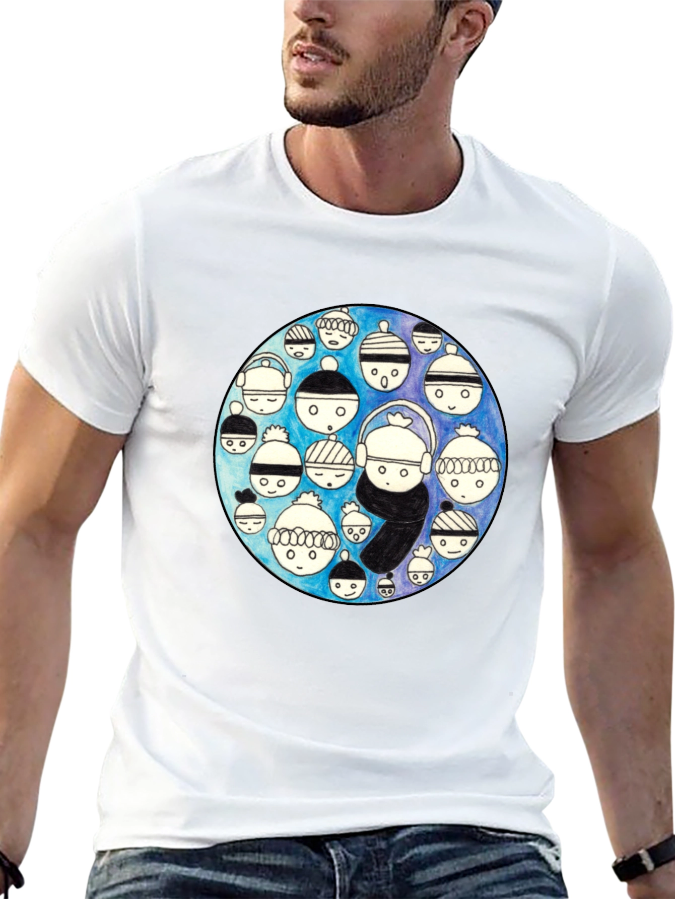 Unique Illustrated Faces Black T-Shirt