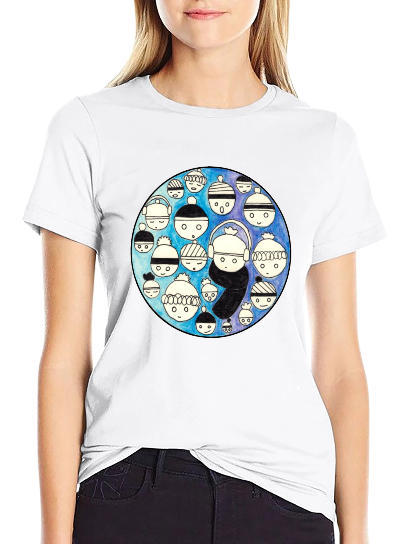Unique Illustrated Faces Black T-Shirt