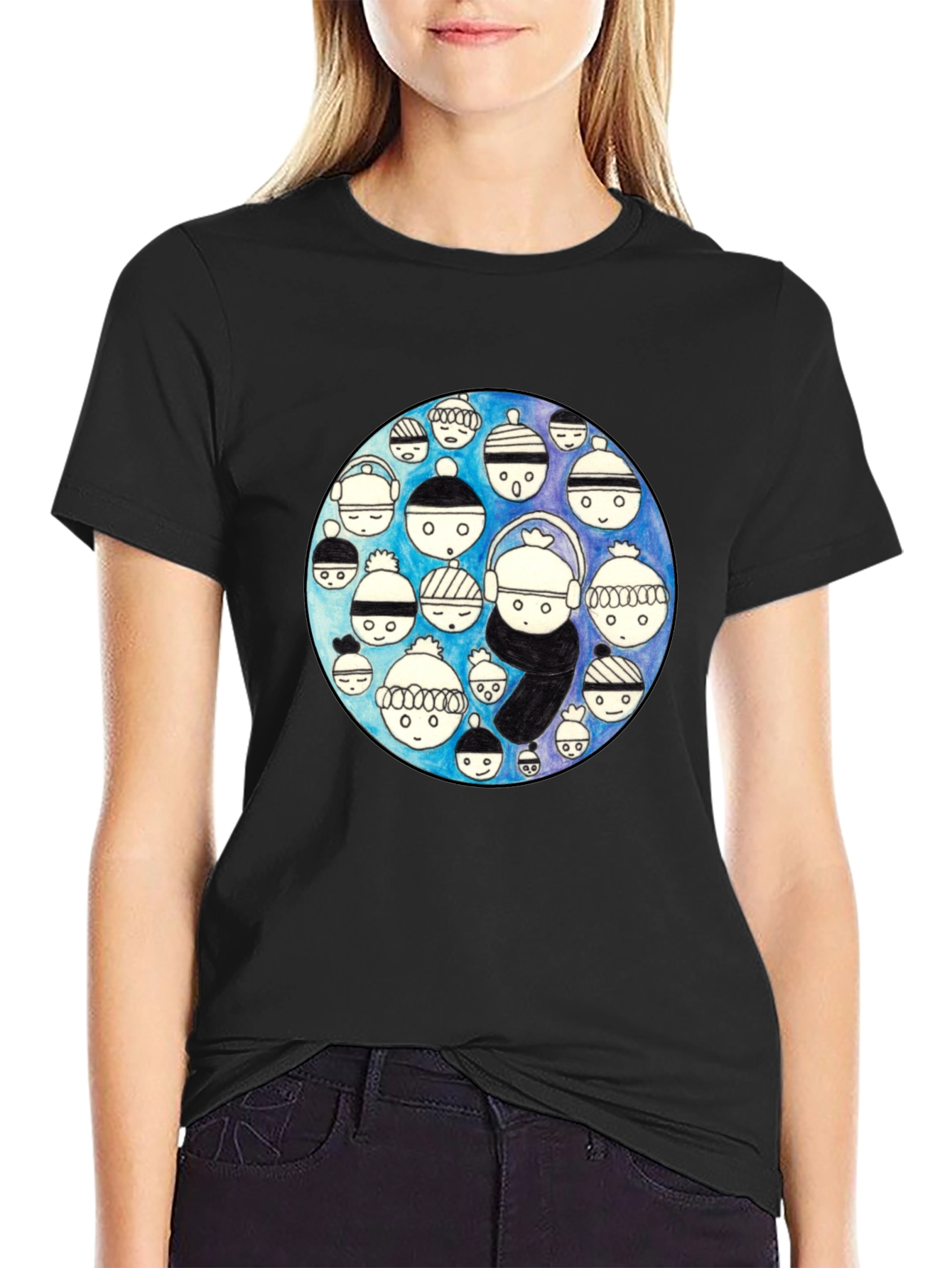 Unique Illustrated Faces Black T-Shirt