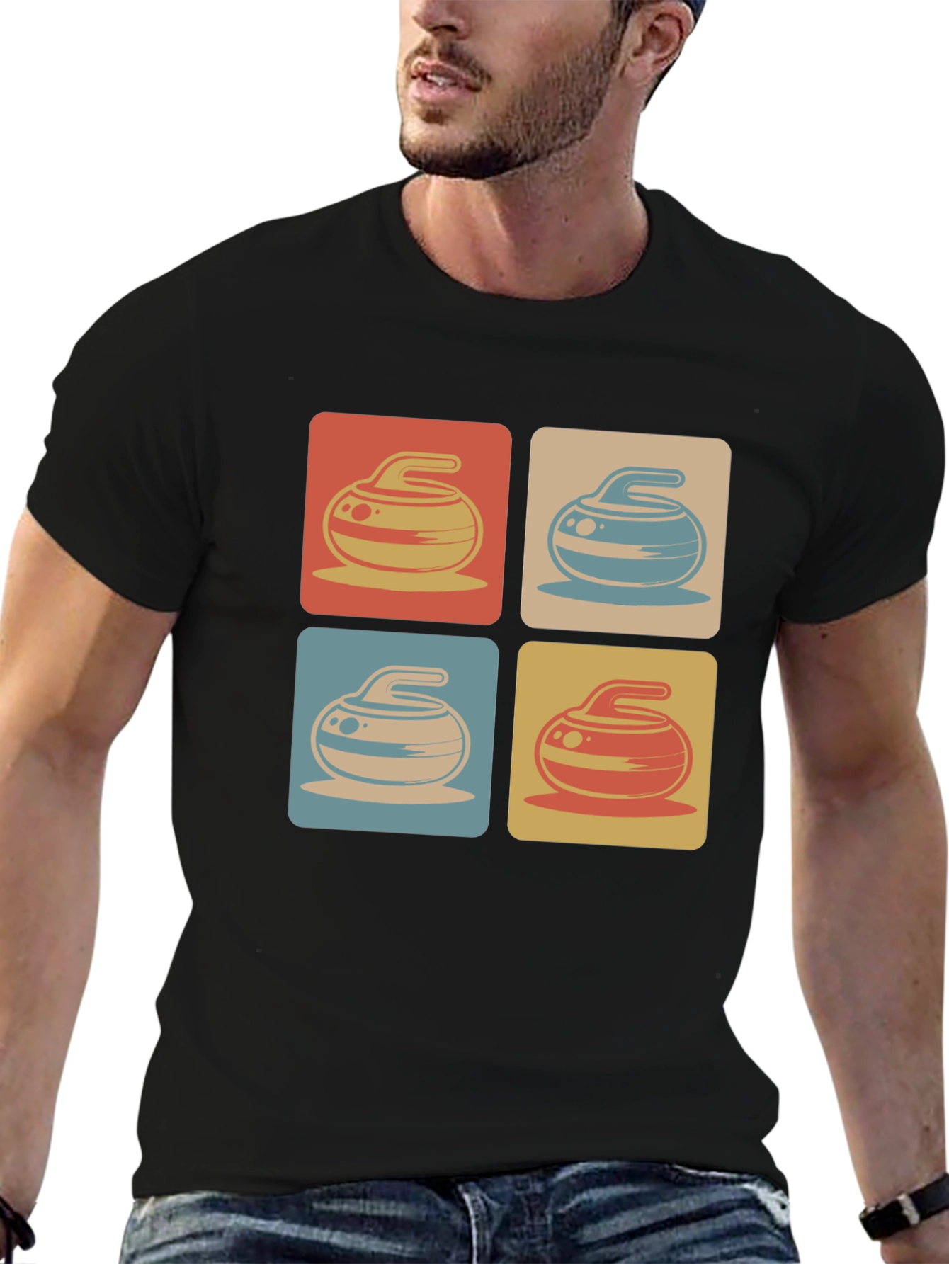 Retro Curling Rock Pattern Tee