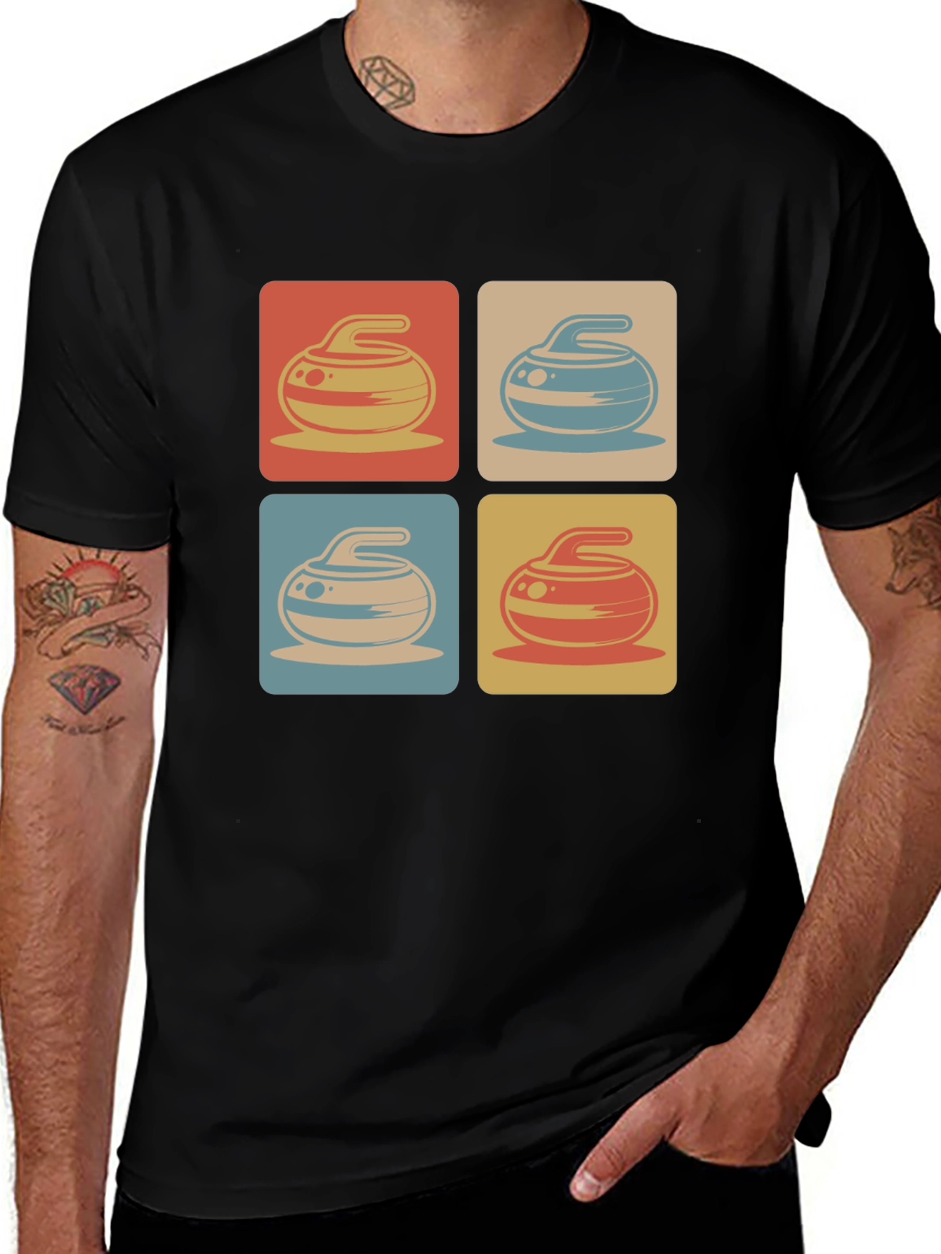 Retro Curling Rock Pattern Tee