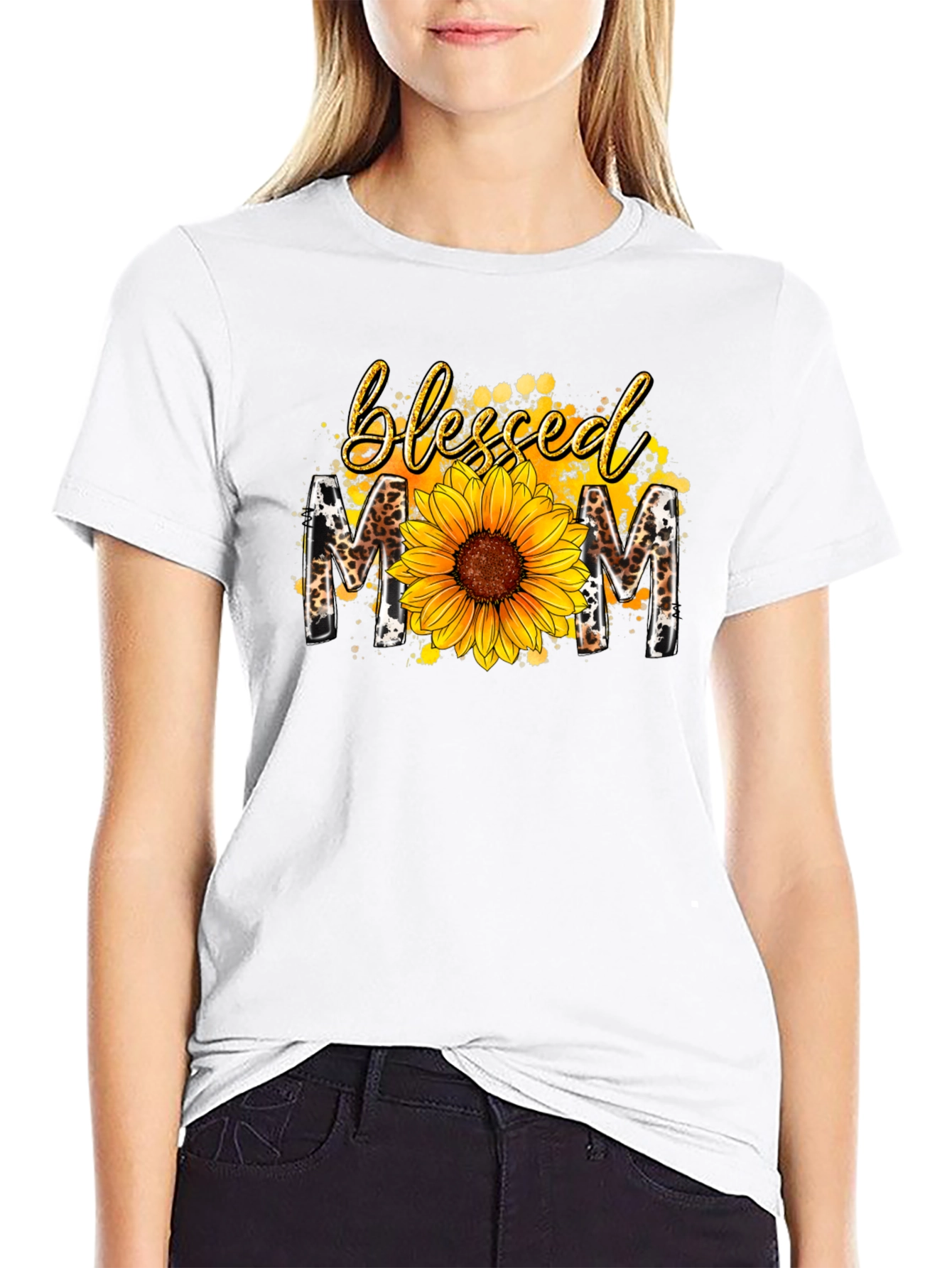 Blessed Mom Sunflower Graphic Tee - Black