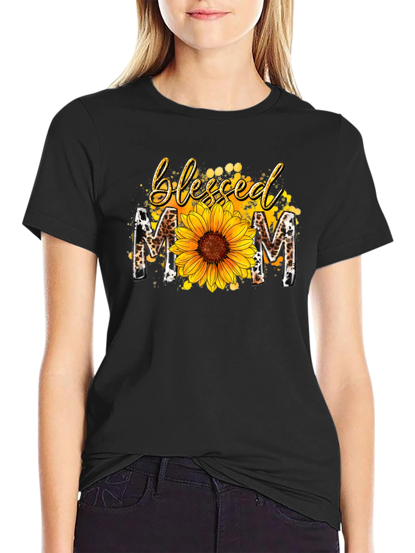 Blessed Mom Sunflower Graphic Tee - Black
