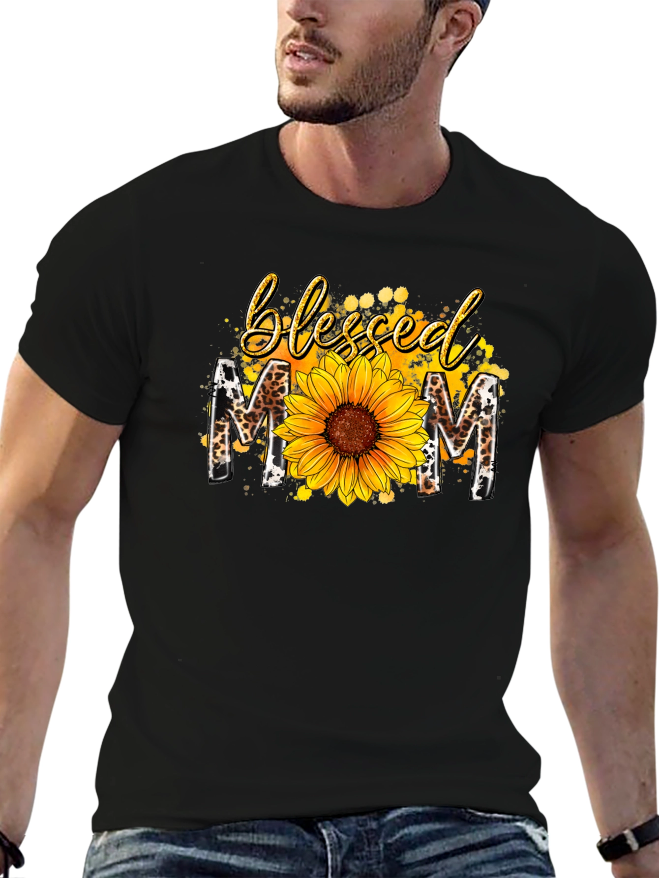 Blessed Mom Sunflower Graphic Tee - Black