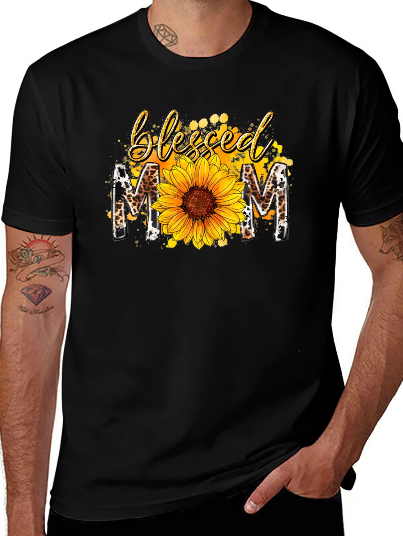 Blessed Mom Sunflower Graphic Tee - Black
