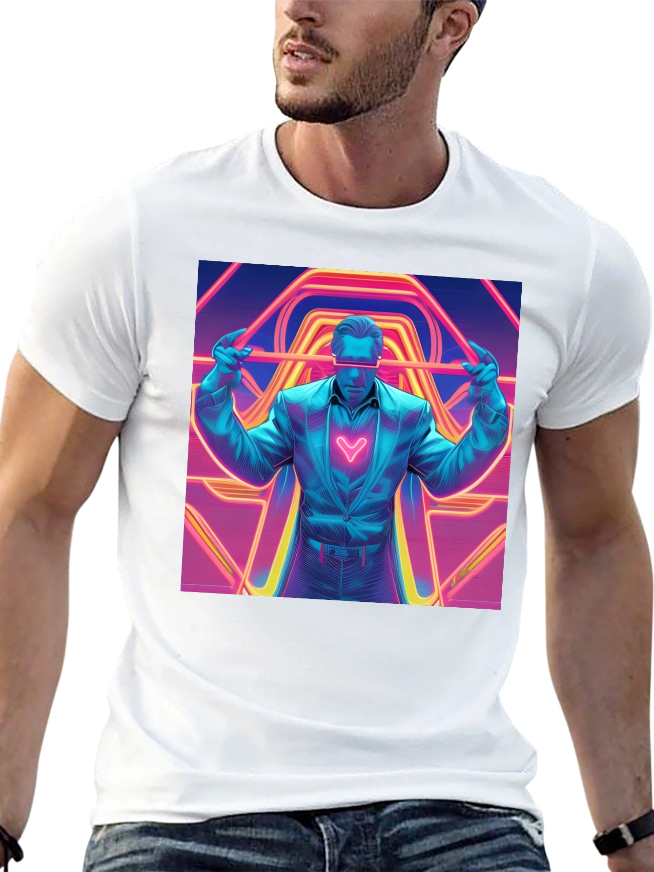 Retro Synthwave Neon Heart Graphic Tee - Black