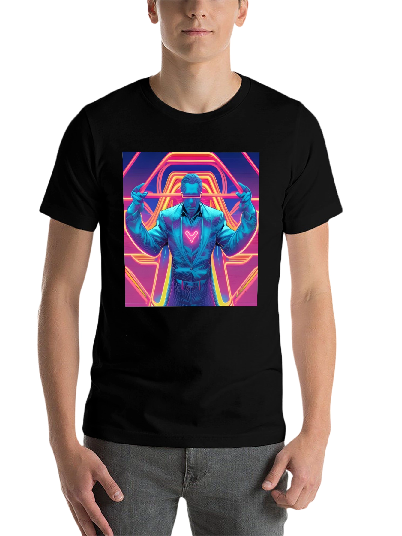Retro Synthwave Neon Heart Graphic Tee - Black