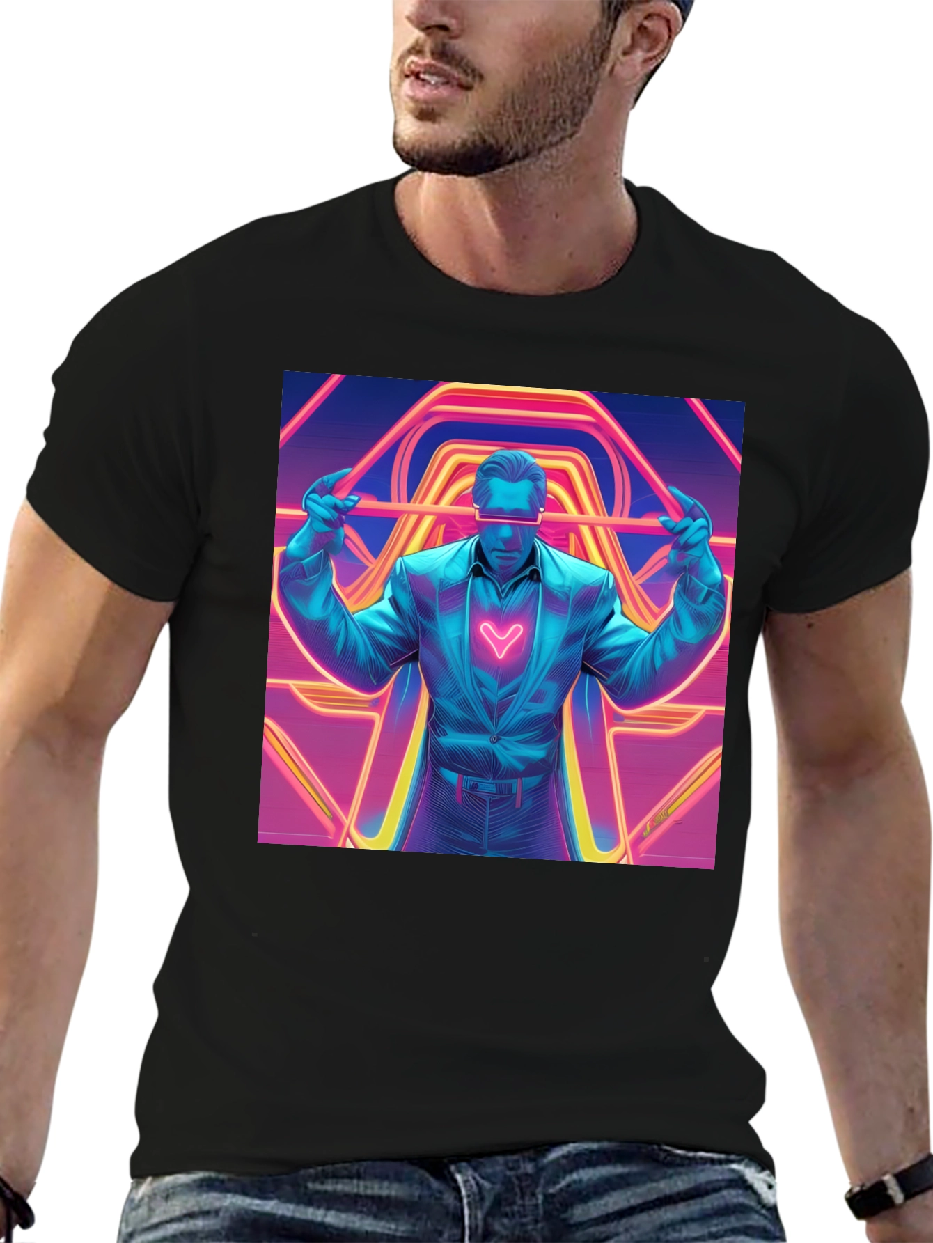 Retro Synthwave Neon Heart Graphic Tee - Black