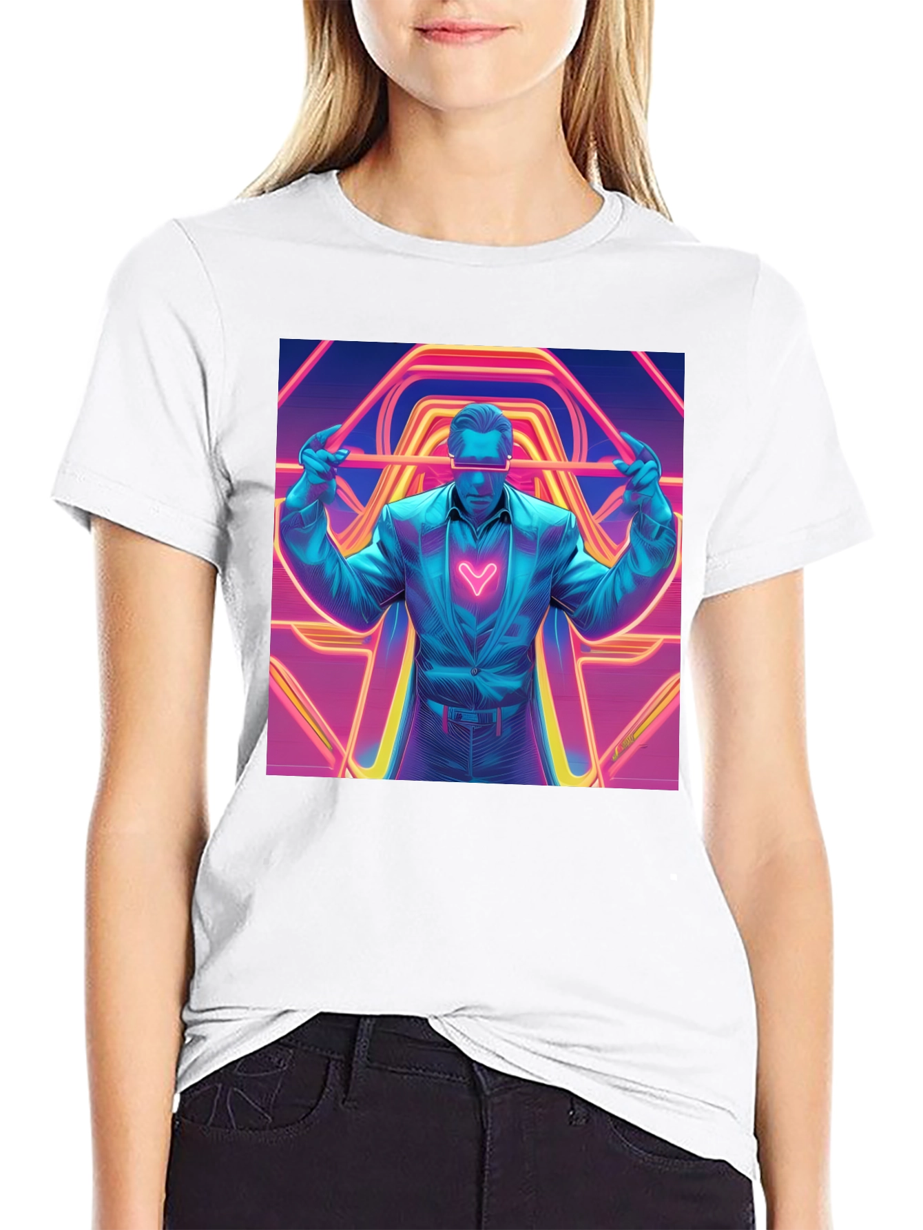 Retro Synthwave Neon Heart Graphic Tee - Black