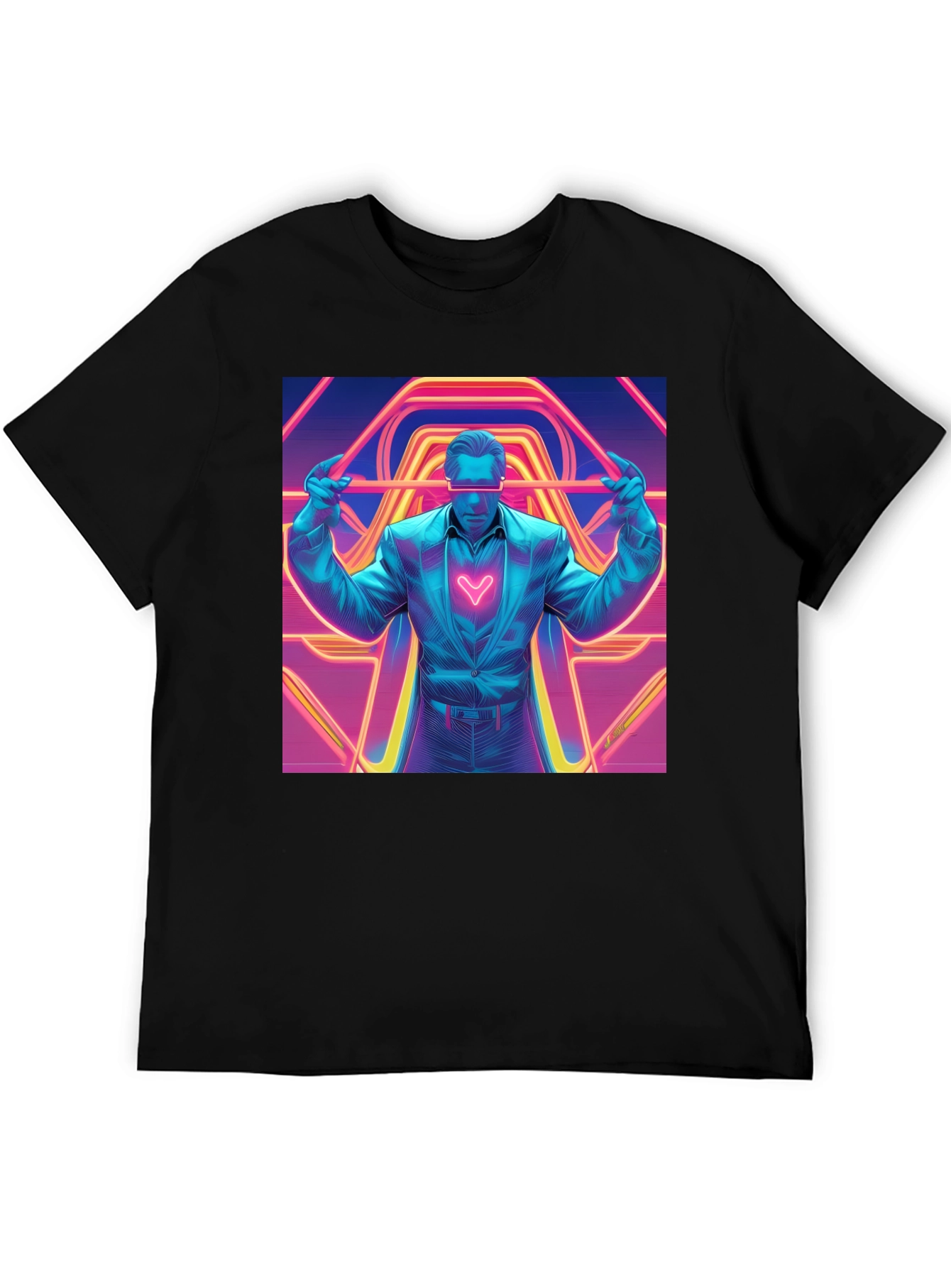 Retro Synthwave Neon Heart Graphic Tee - Black