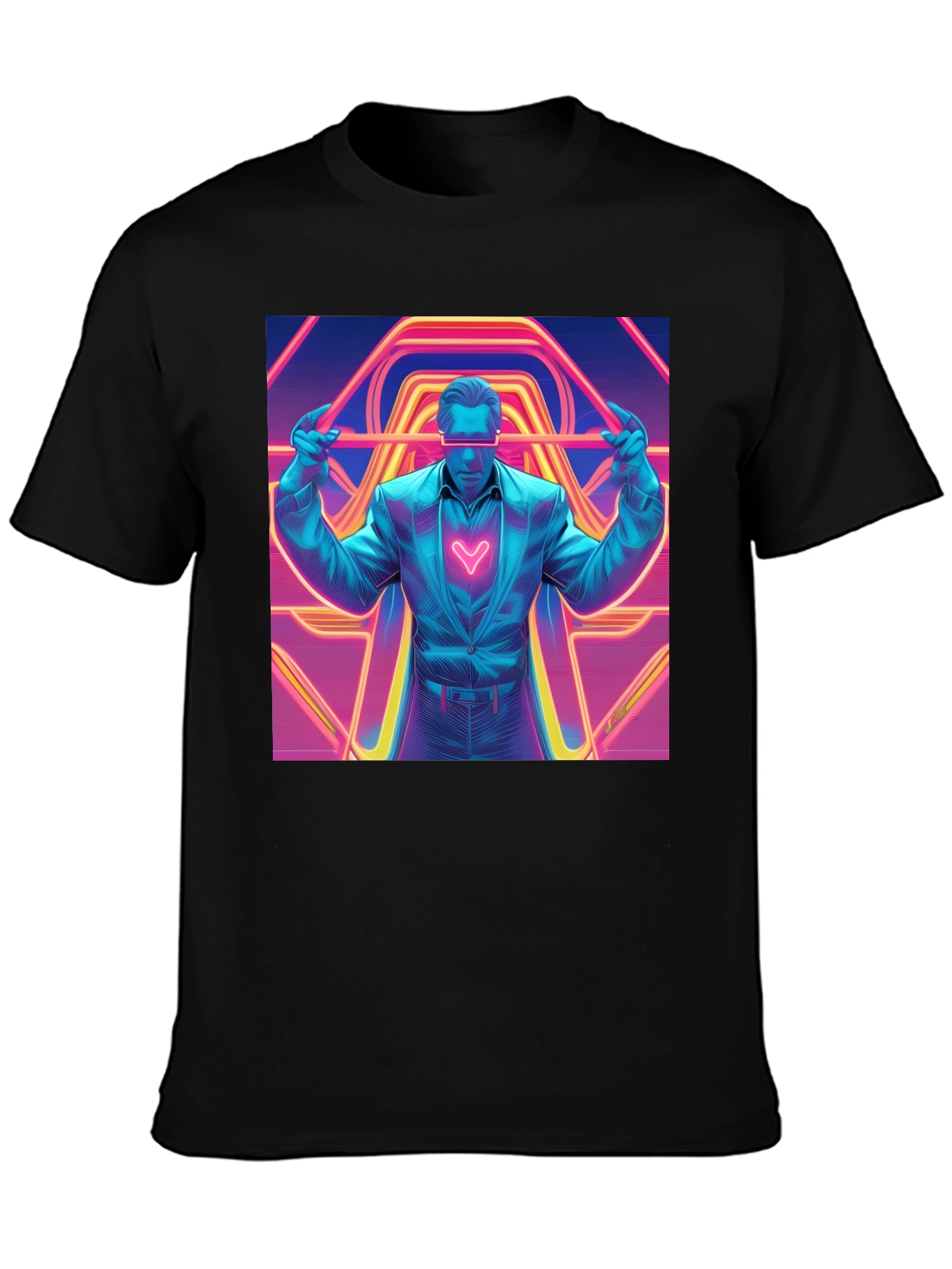 Retro Synthwave Neon Heart Graphic Tee - Black