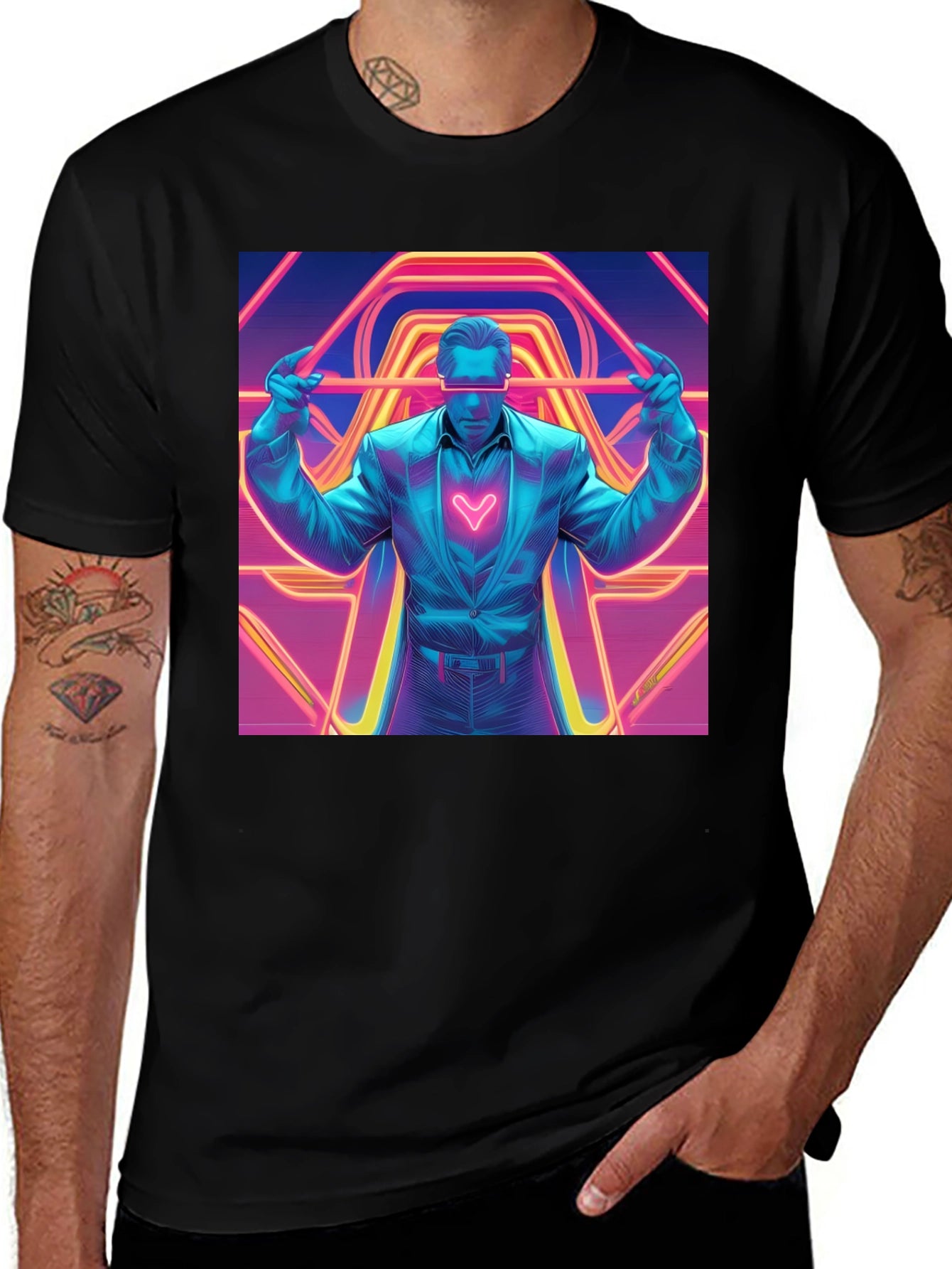 Retro Synthwave Neon Heart Graphic Tee - Black