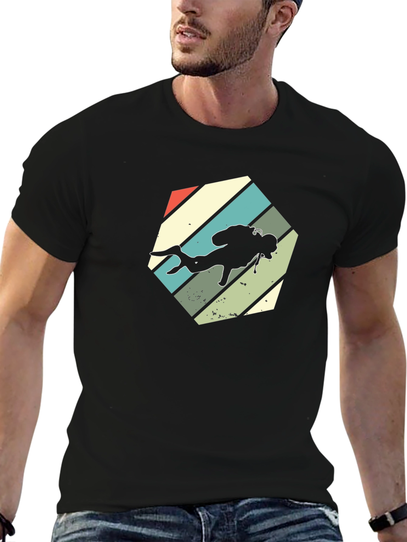 Retro Scuba Diver Graphic T-Shirt - Black