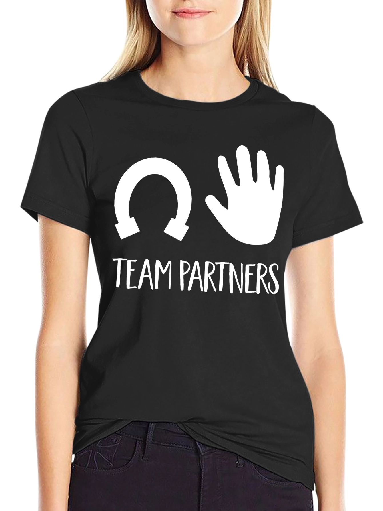 Team Partners T-Shirt Horseshoe Hand Funny Black Cotton