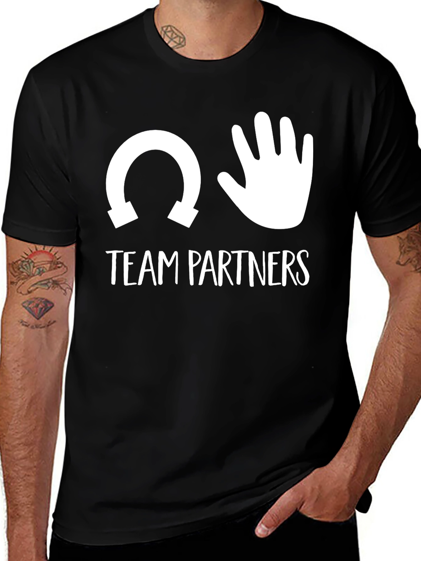 Team Partners T-Shirt Horseshoe Hand Funny Black Cotton