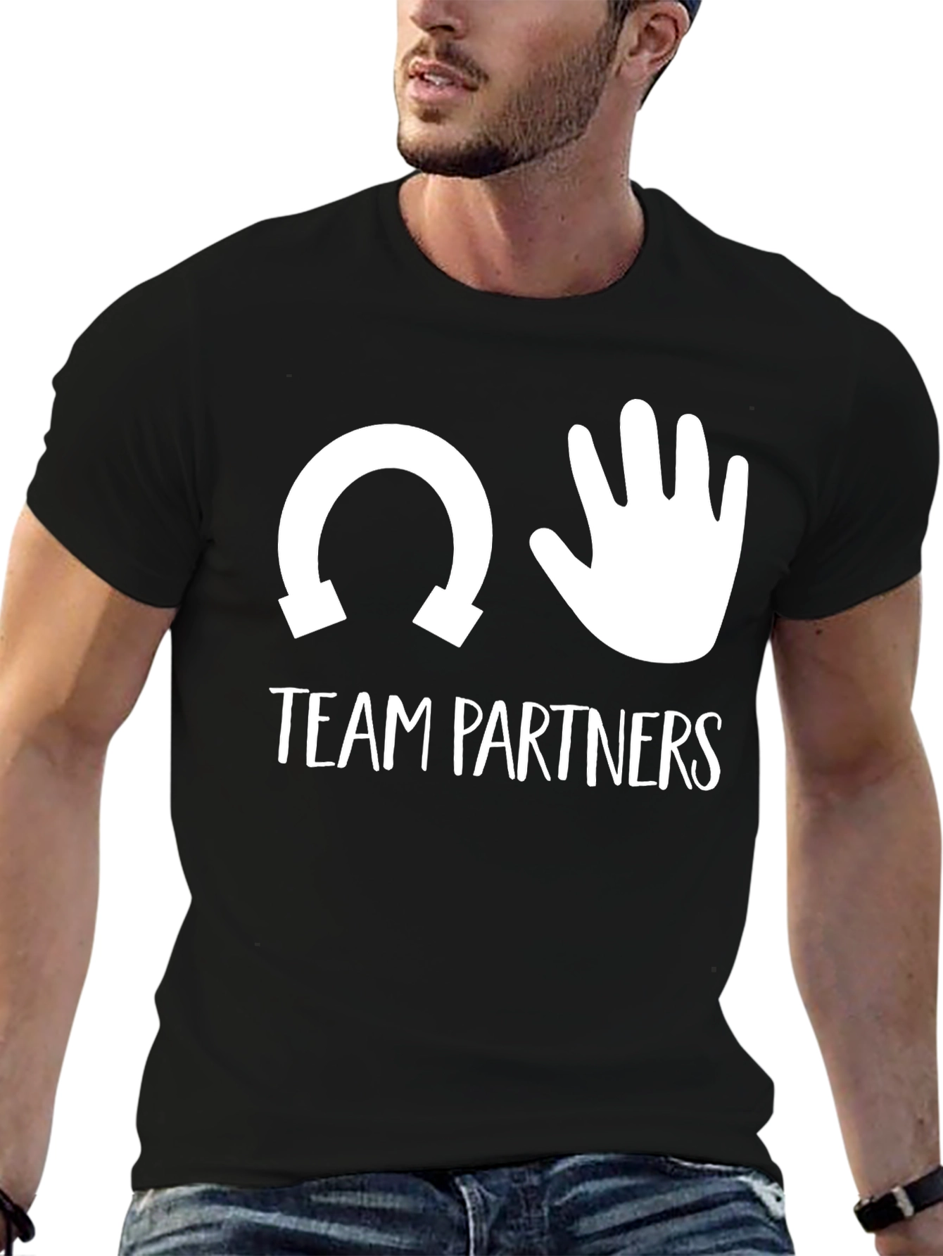 Team Partners T-Shirt Horseshoe Hand Funny Black Cotton