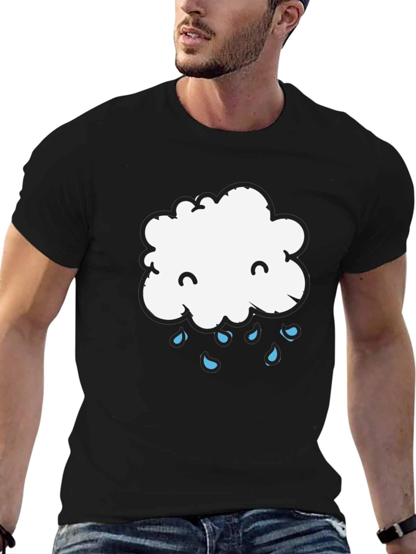 Cute Cloud Rain Graphic Tee - Black Cotton T-Shirt