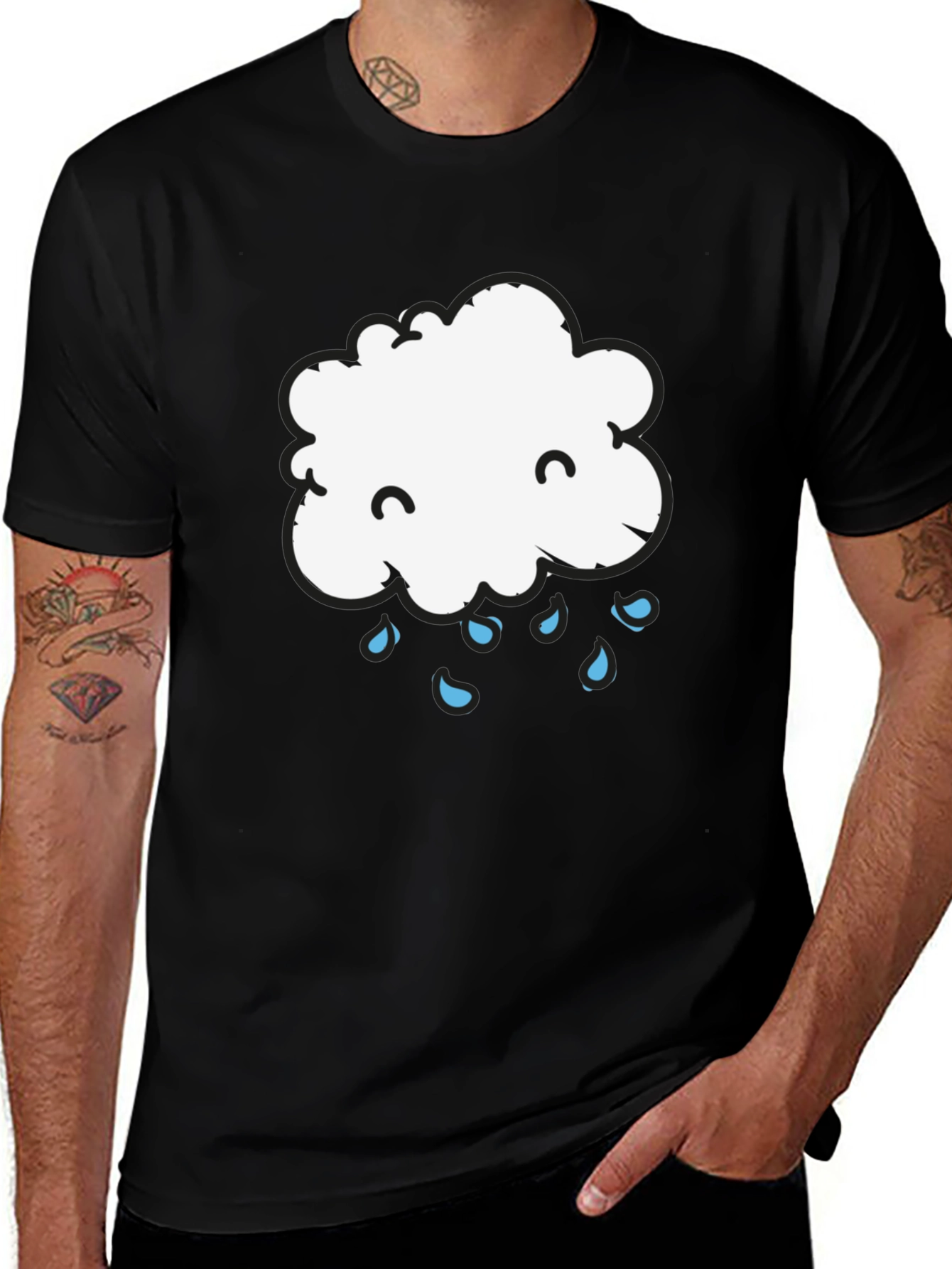 Cute Cloud Rain Graphic Tee - Black Cotton T-Shirt