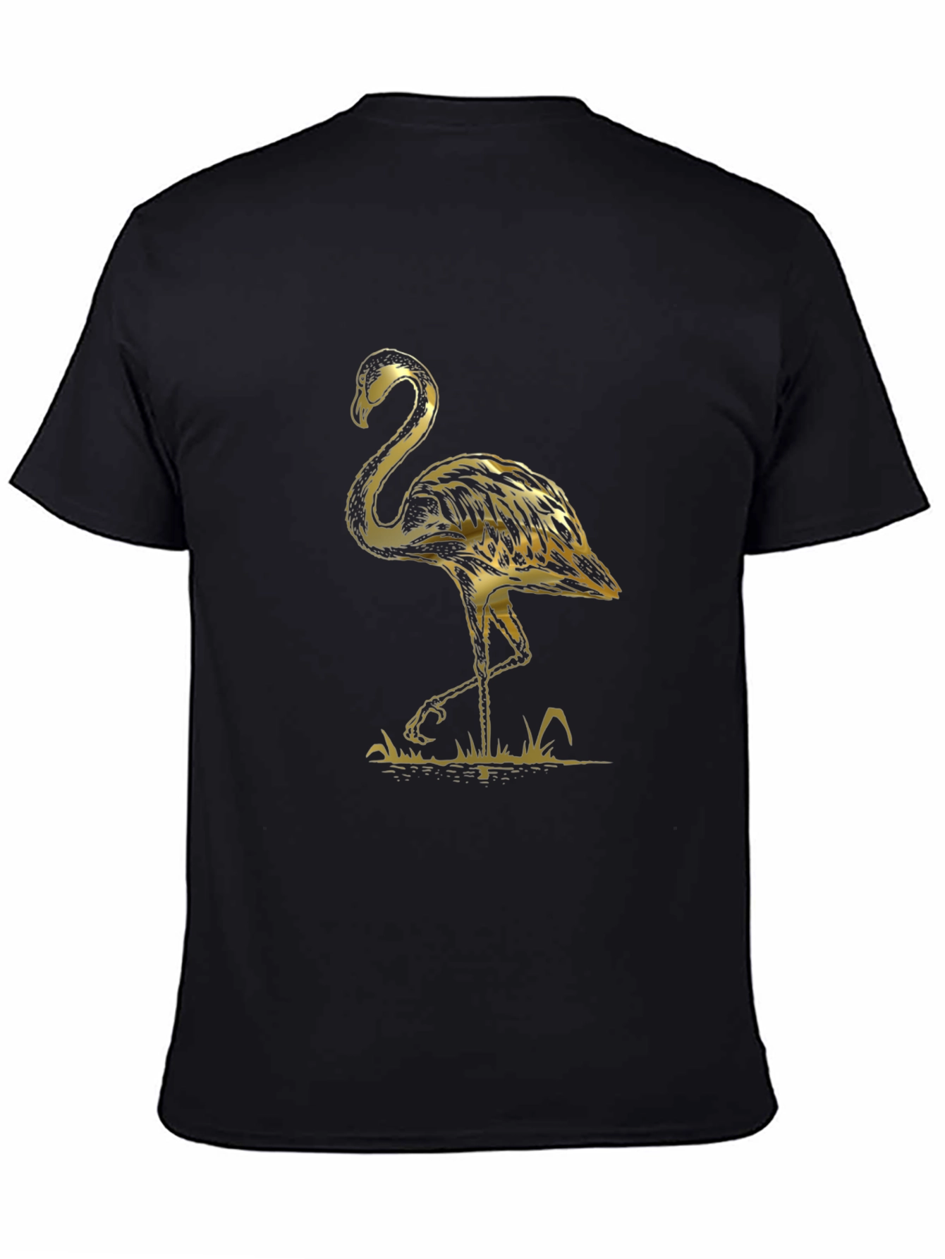 Black T-Shirt with Gold Flamingo Graphic Print