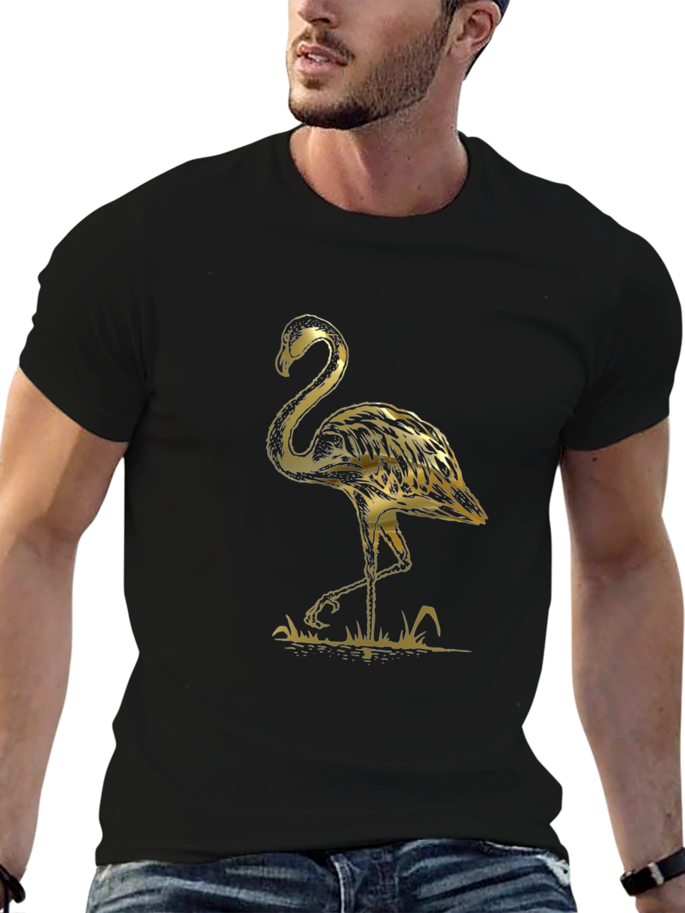 Black T-Shirt with Gold Flamingo Graphic Print