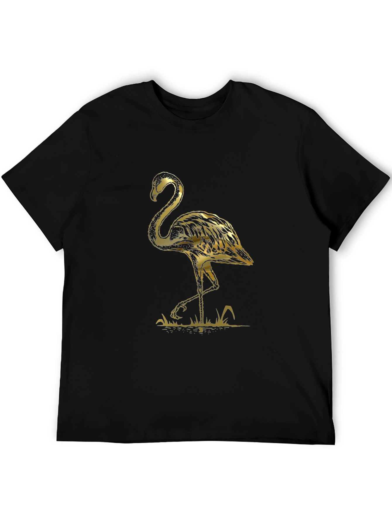 Black T-Shirt with Gold Flamingo Graphic Print