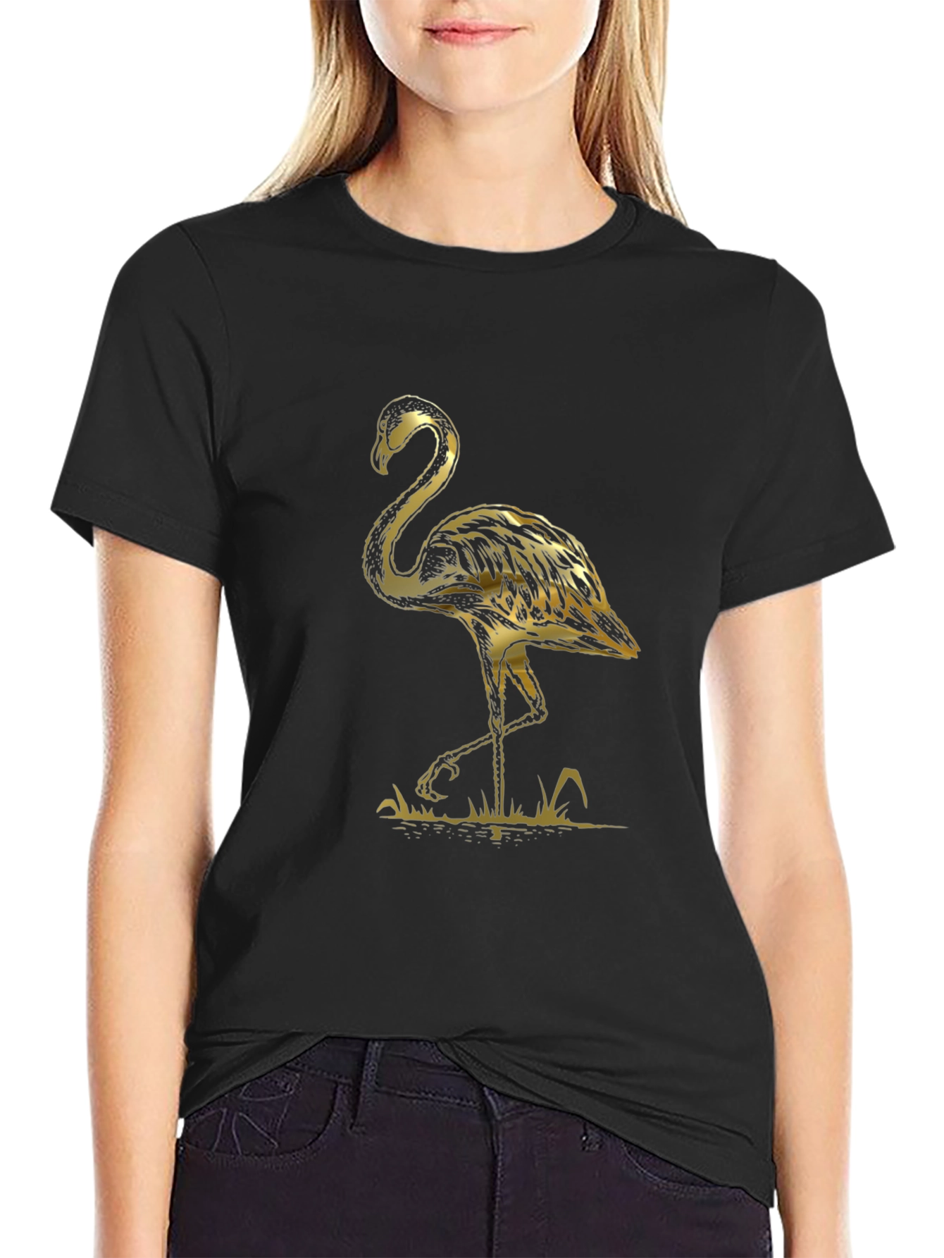 Black T-Shirt with Gold Flamingo Graphic Print