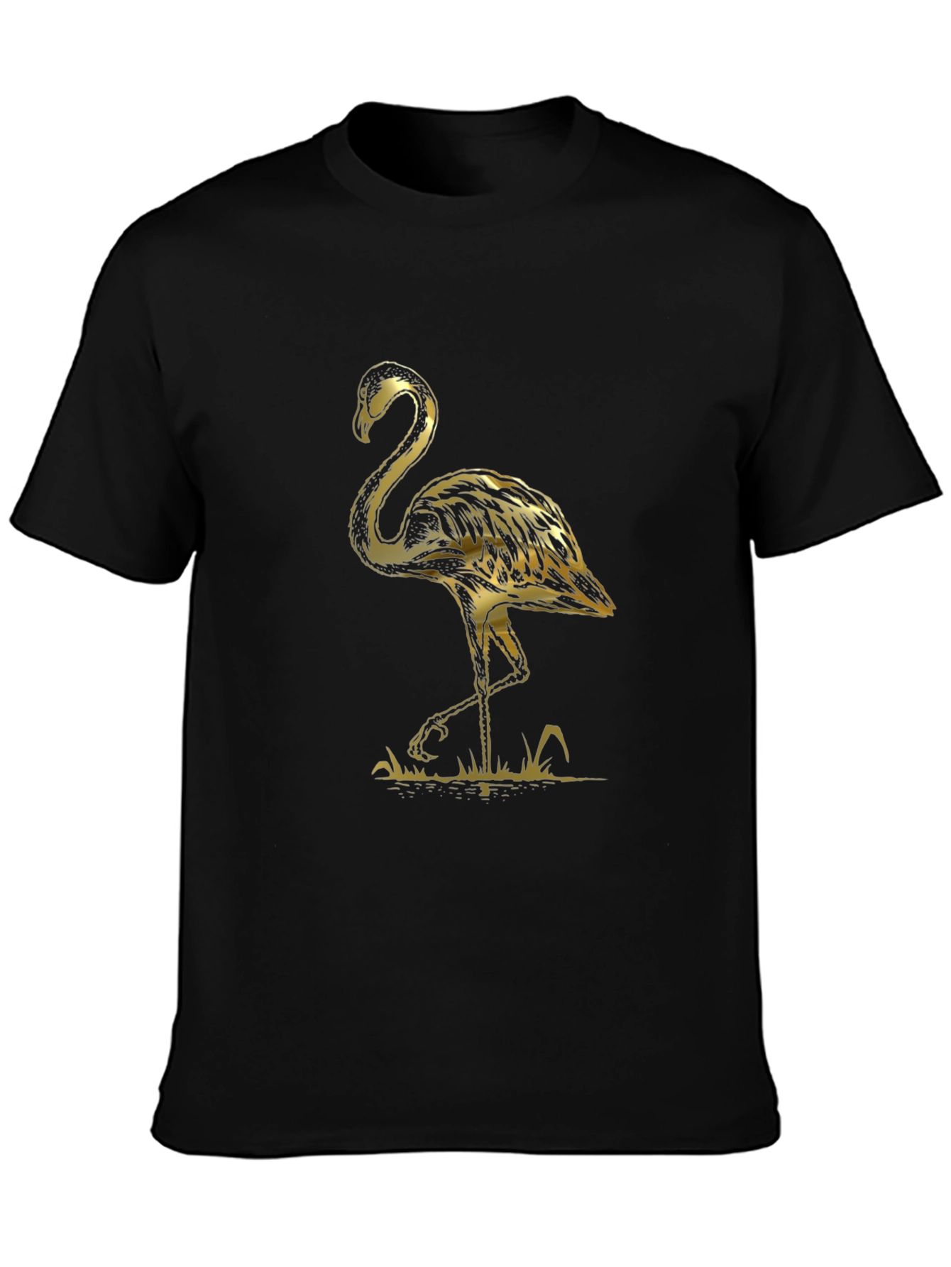 Black T-Shirt with Gold Flamingo Graphic Print