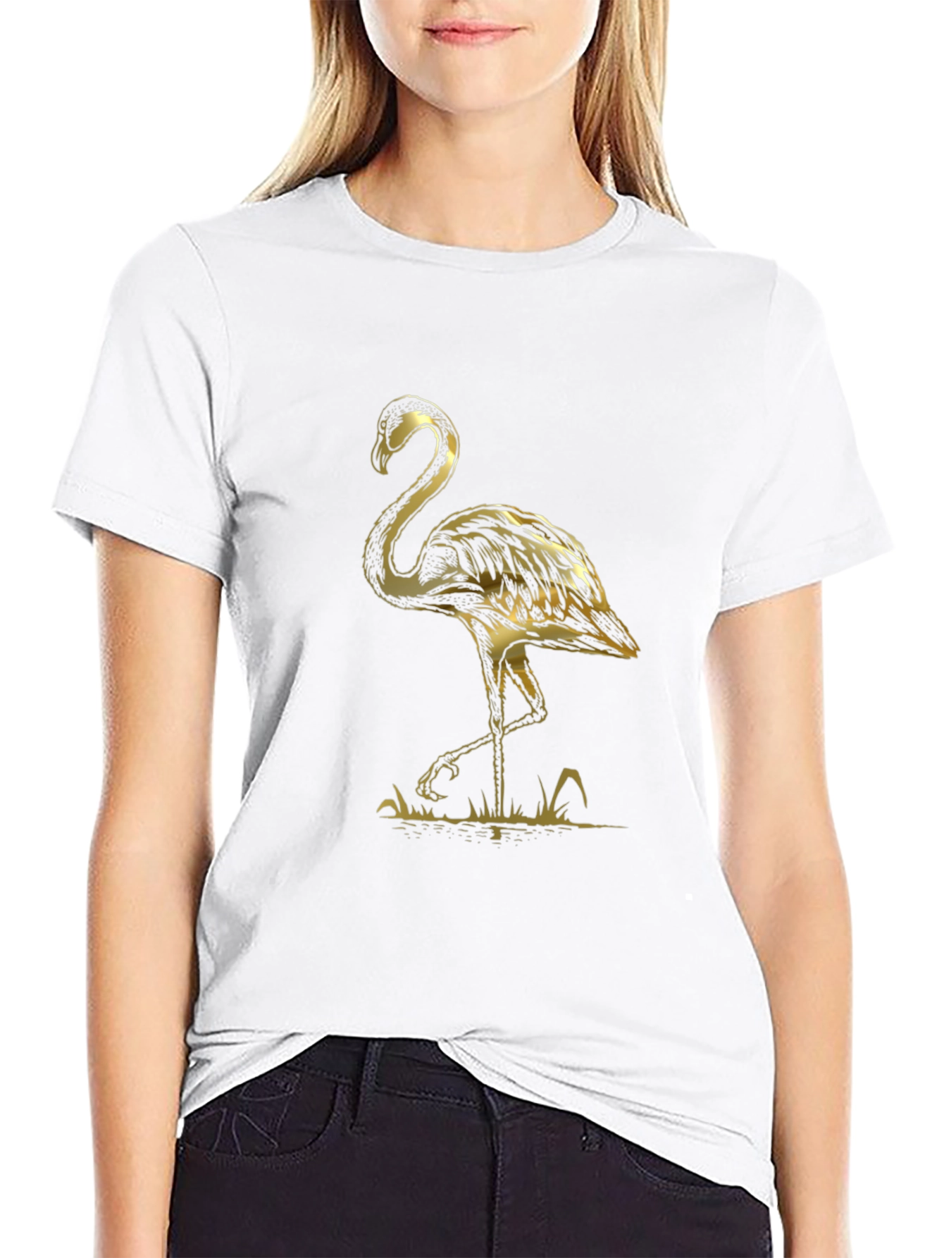 Black T-Shirt with Gold Flamingo Graphic Print