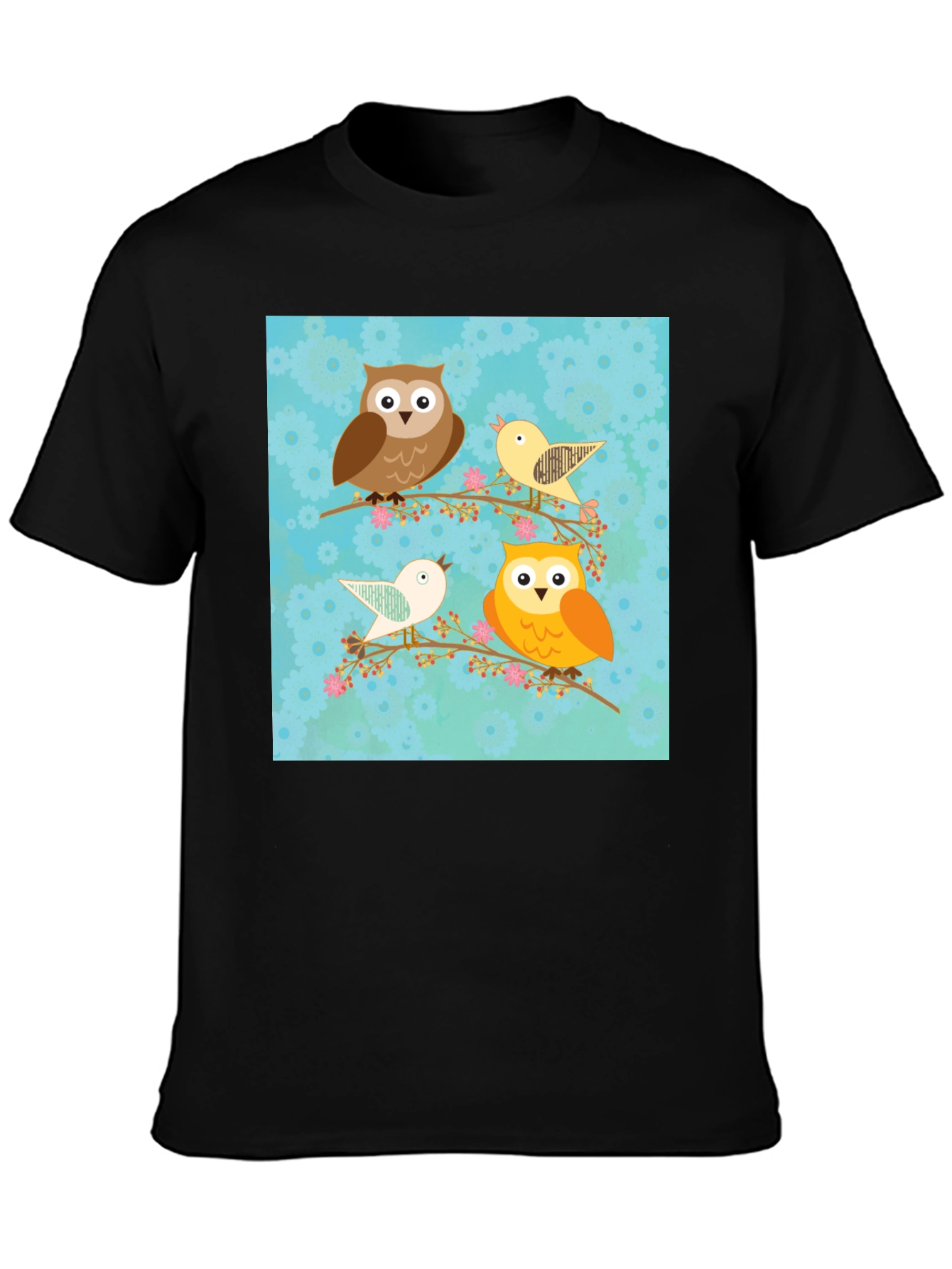 Cute Owl & Bird Graphic Print Black T-Shirt
