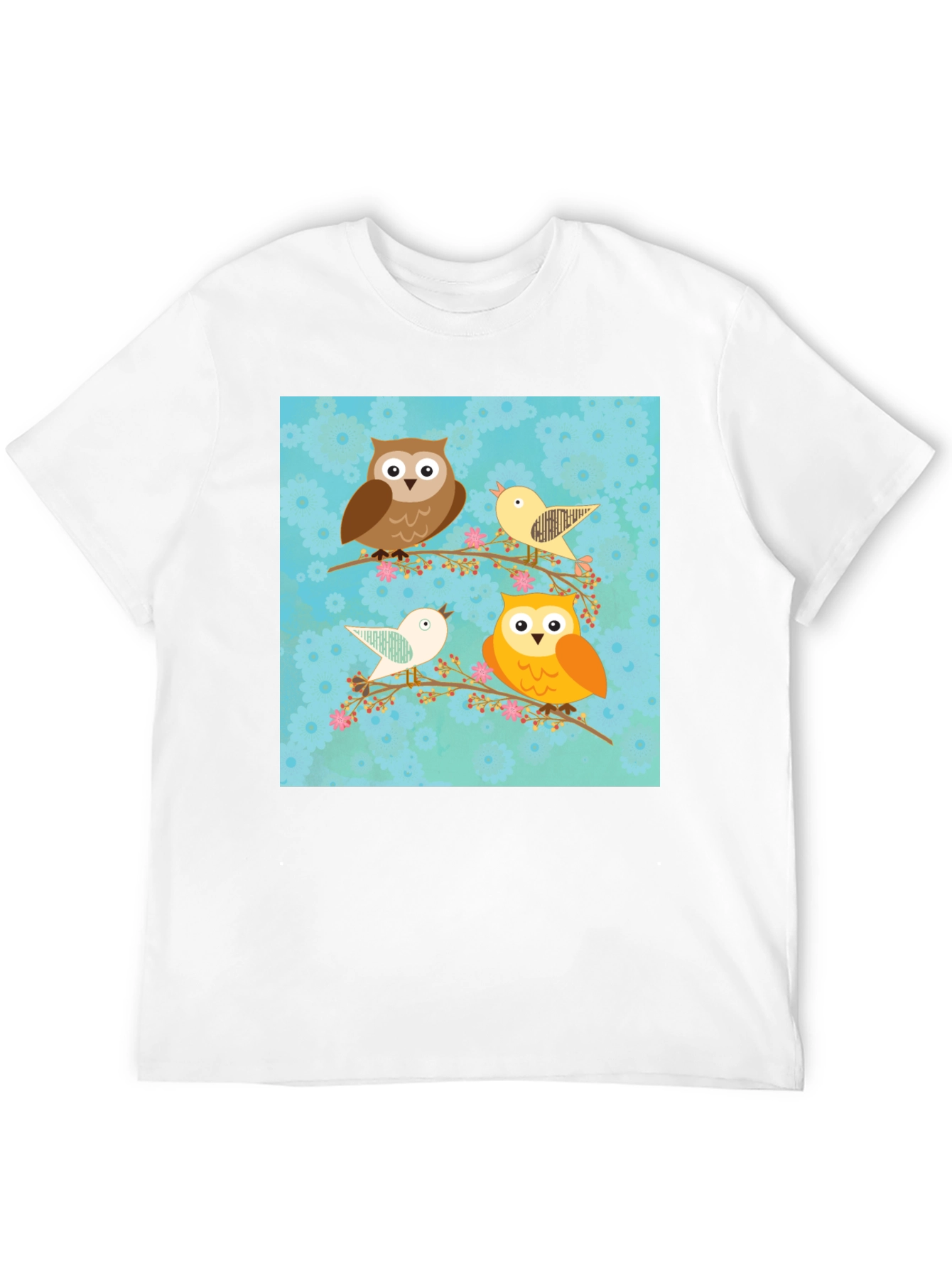 Cute Owl & Bird Graphic Print Black T-Shirt