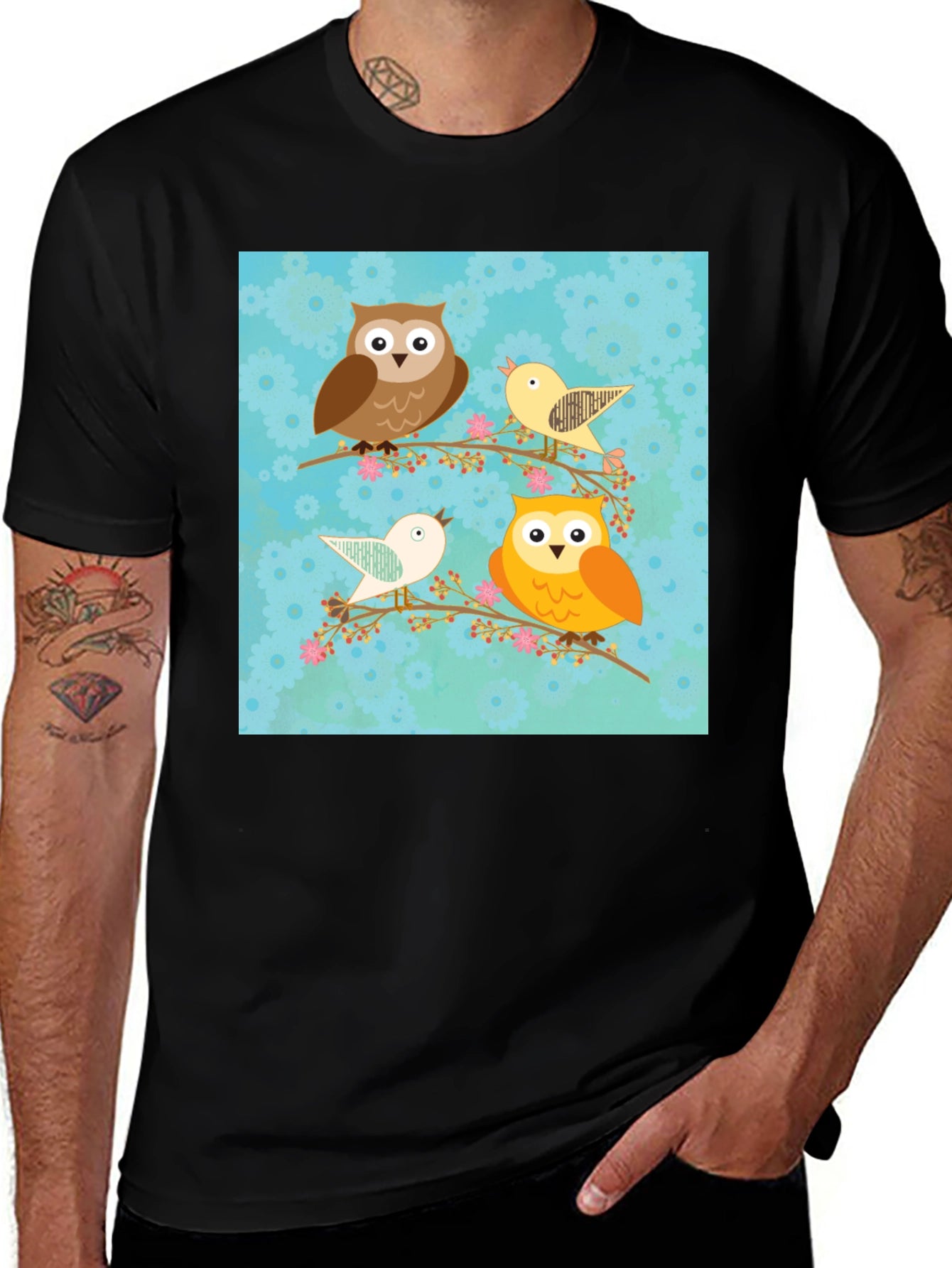 Cute Owl & Bird Graphic Print Black T-Shirt