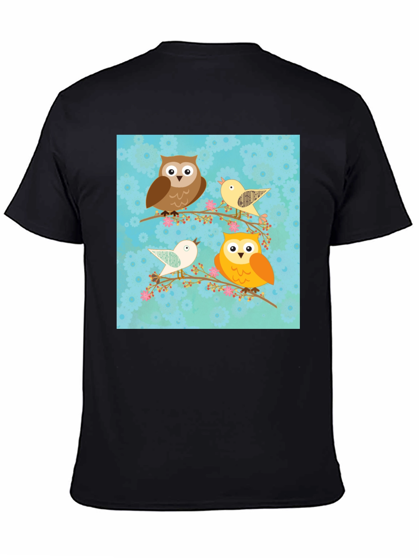 Cute Owl & Bird Graphic Print Black T-Shirt