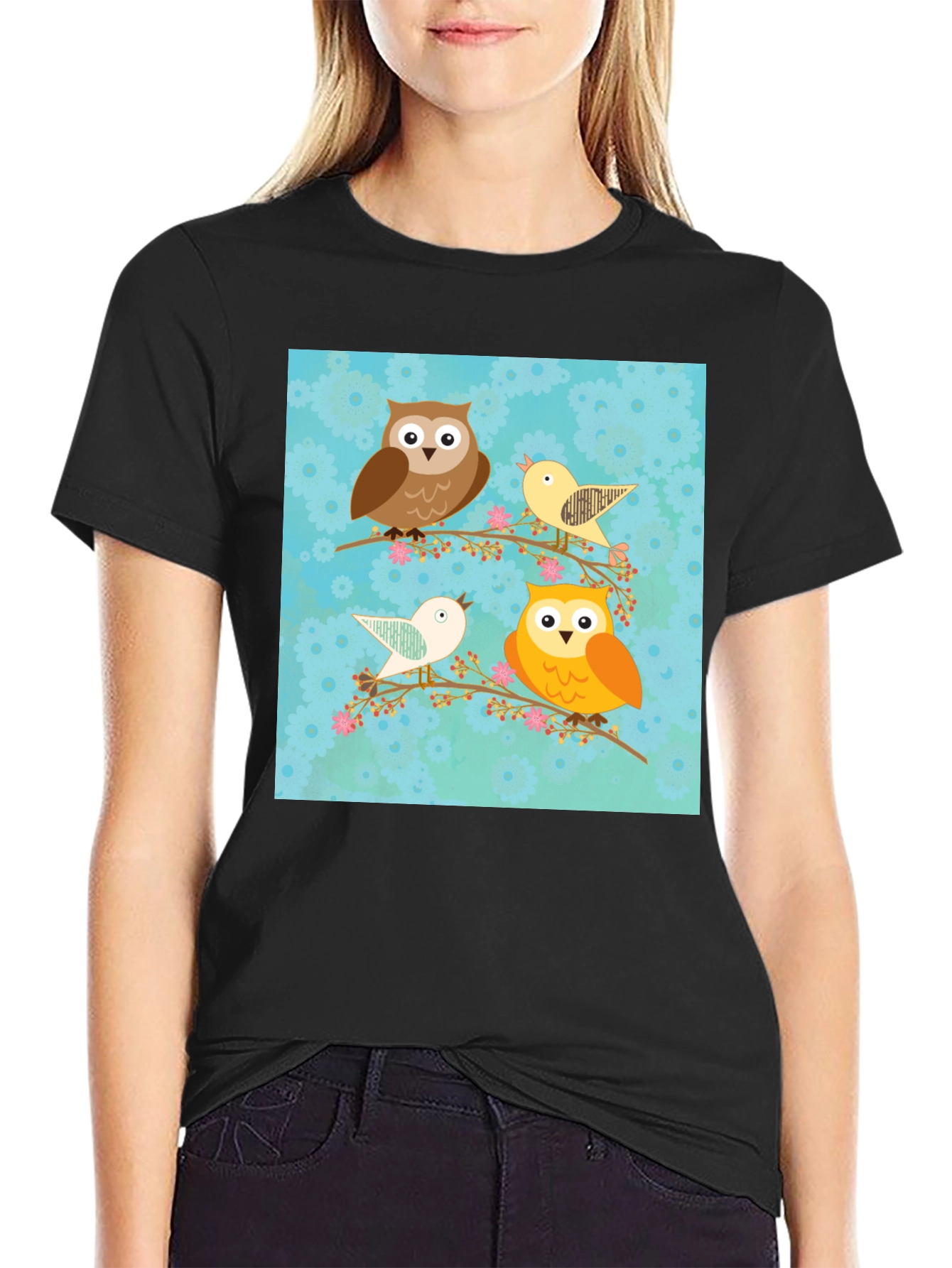 Cute Owl & Bird Graphic Print Black T-Shirt
