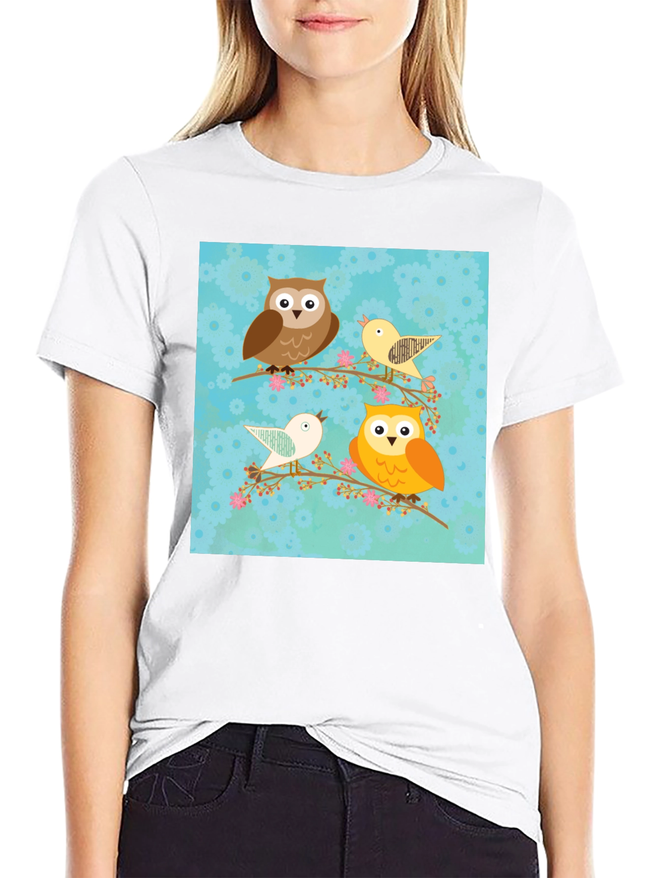 Cute Owl & Bird Graphic Print Black T-Shirt