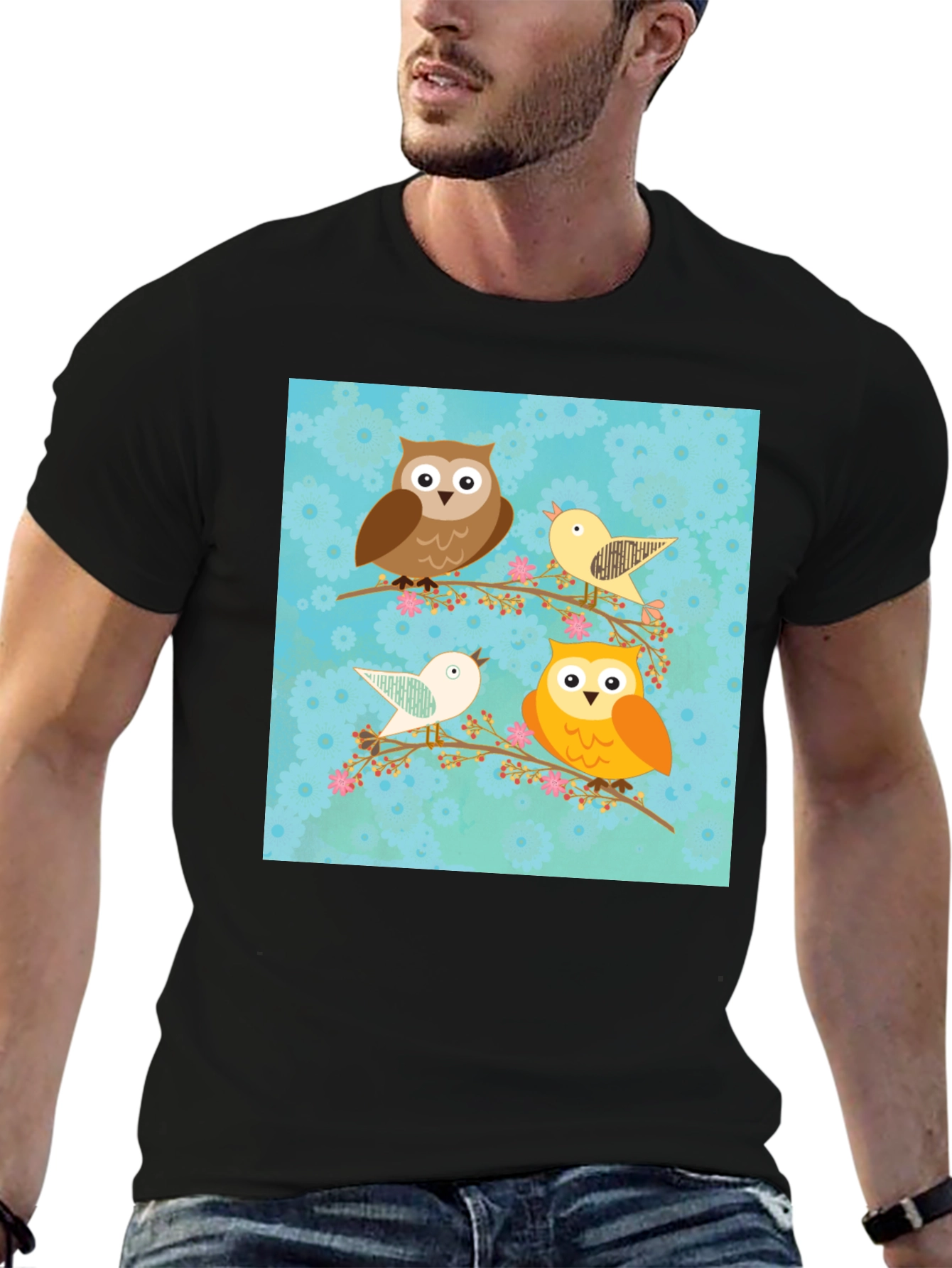 Cute Owl & Bird Graphic Print Black T-Shirt