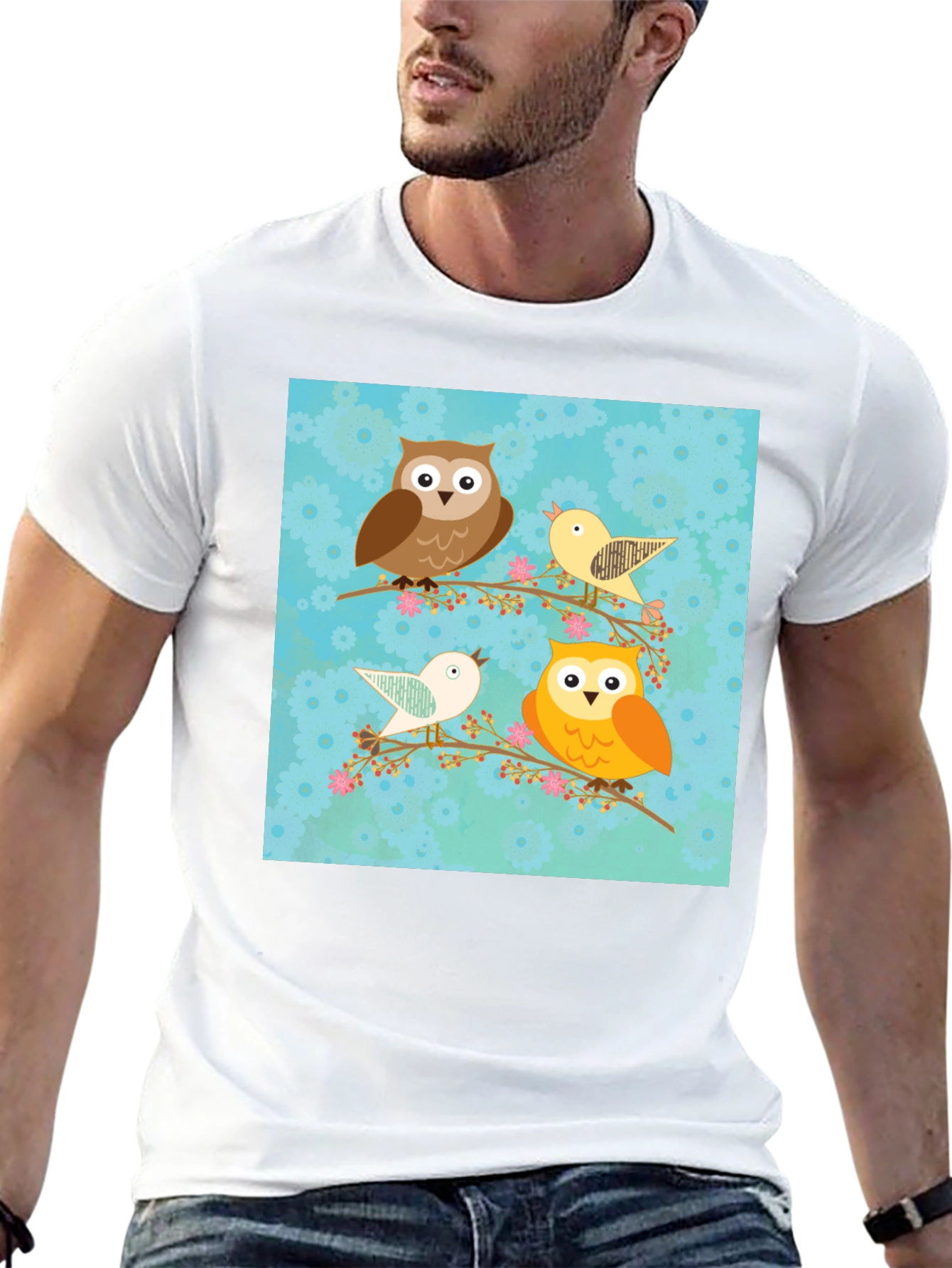 Cute Owl & Bird Graphic Print Black T-Shirt