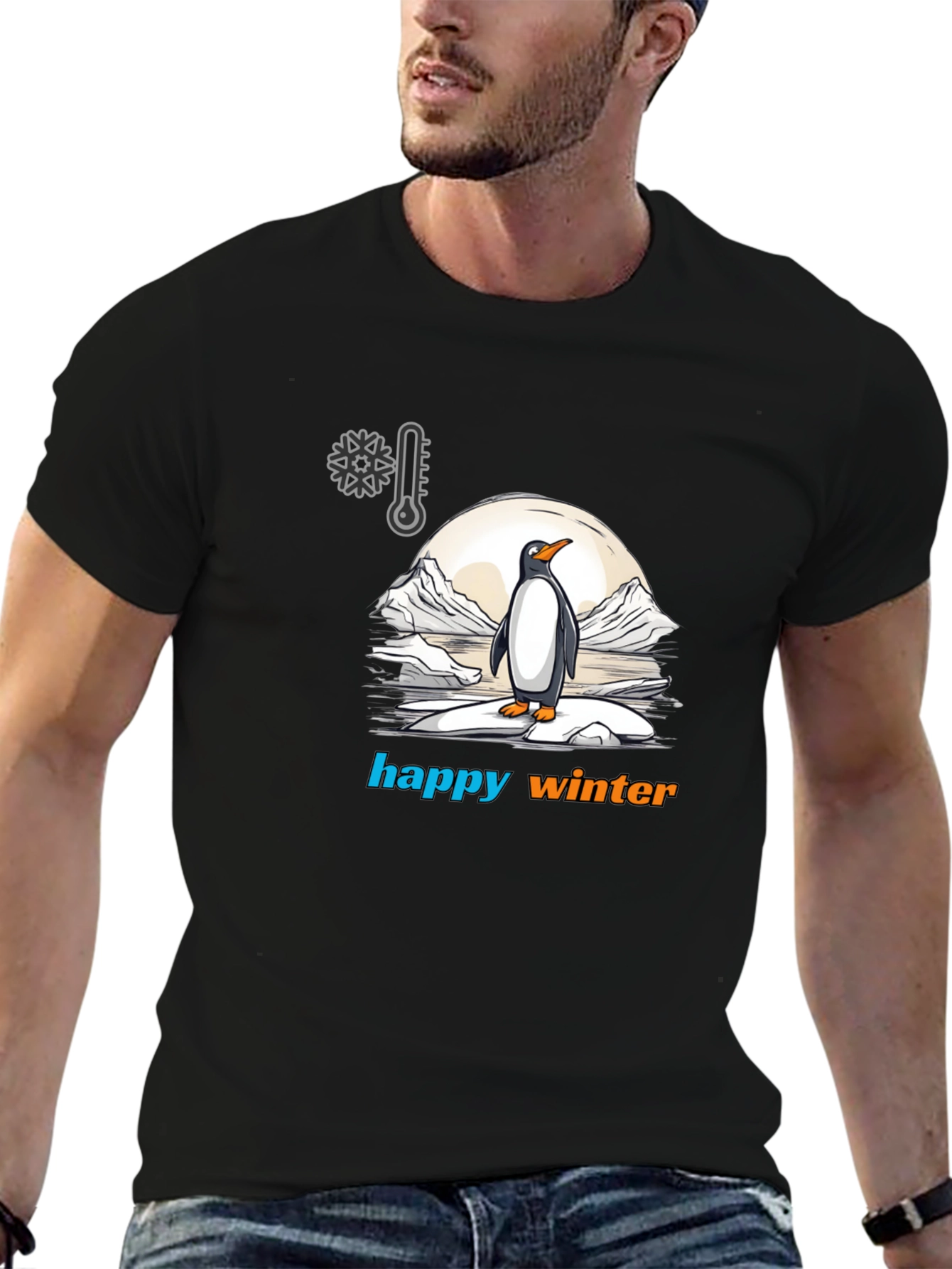 Happy Winter Penguin Graphic Tee - Black