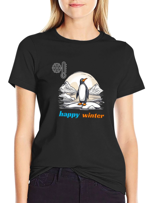 Happy Winter Penguin Graphic Tee - Black