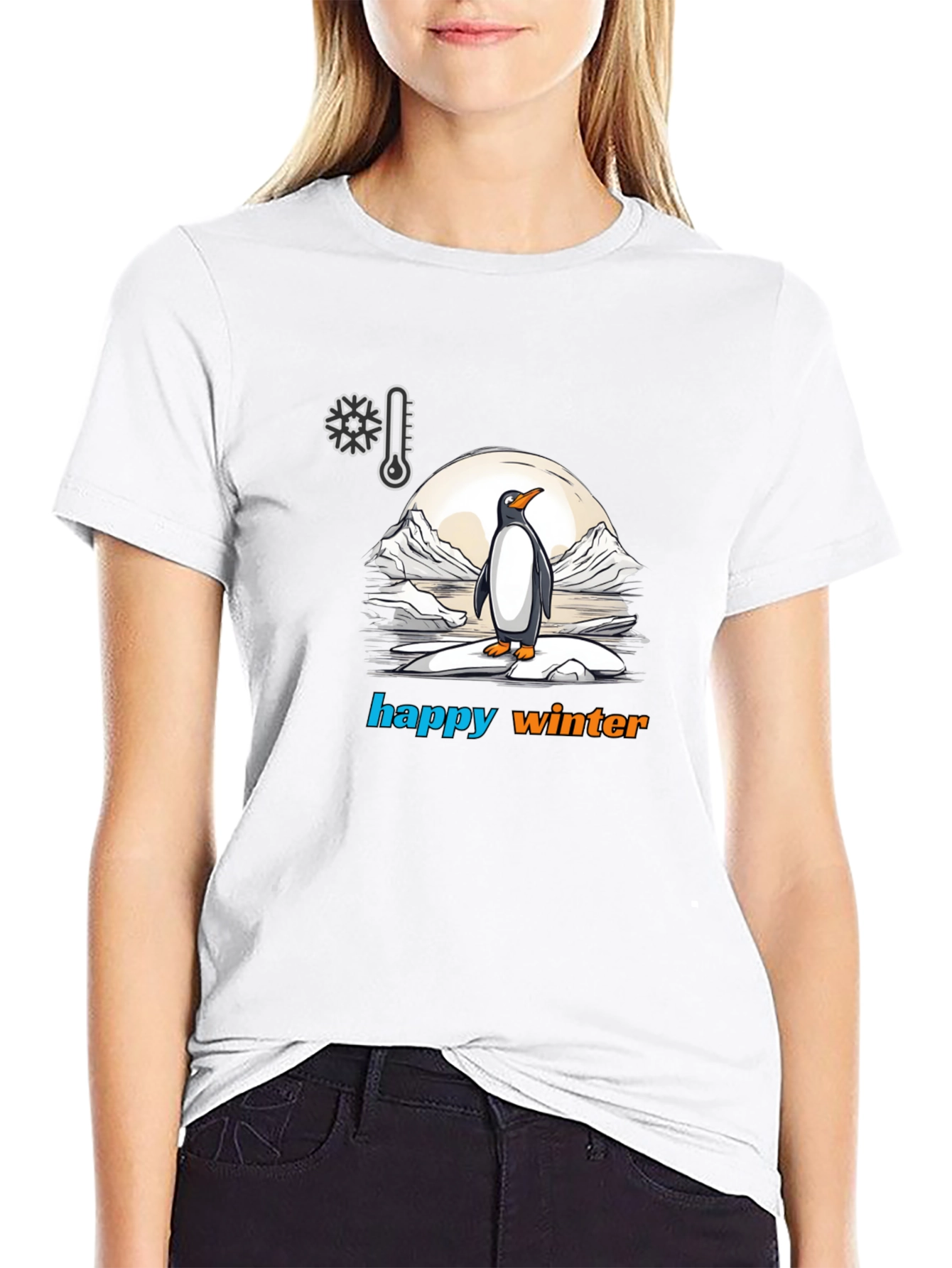 Happy Winter Penguin Graphic Tee - Black