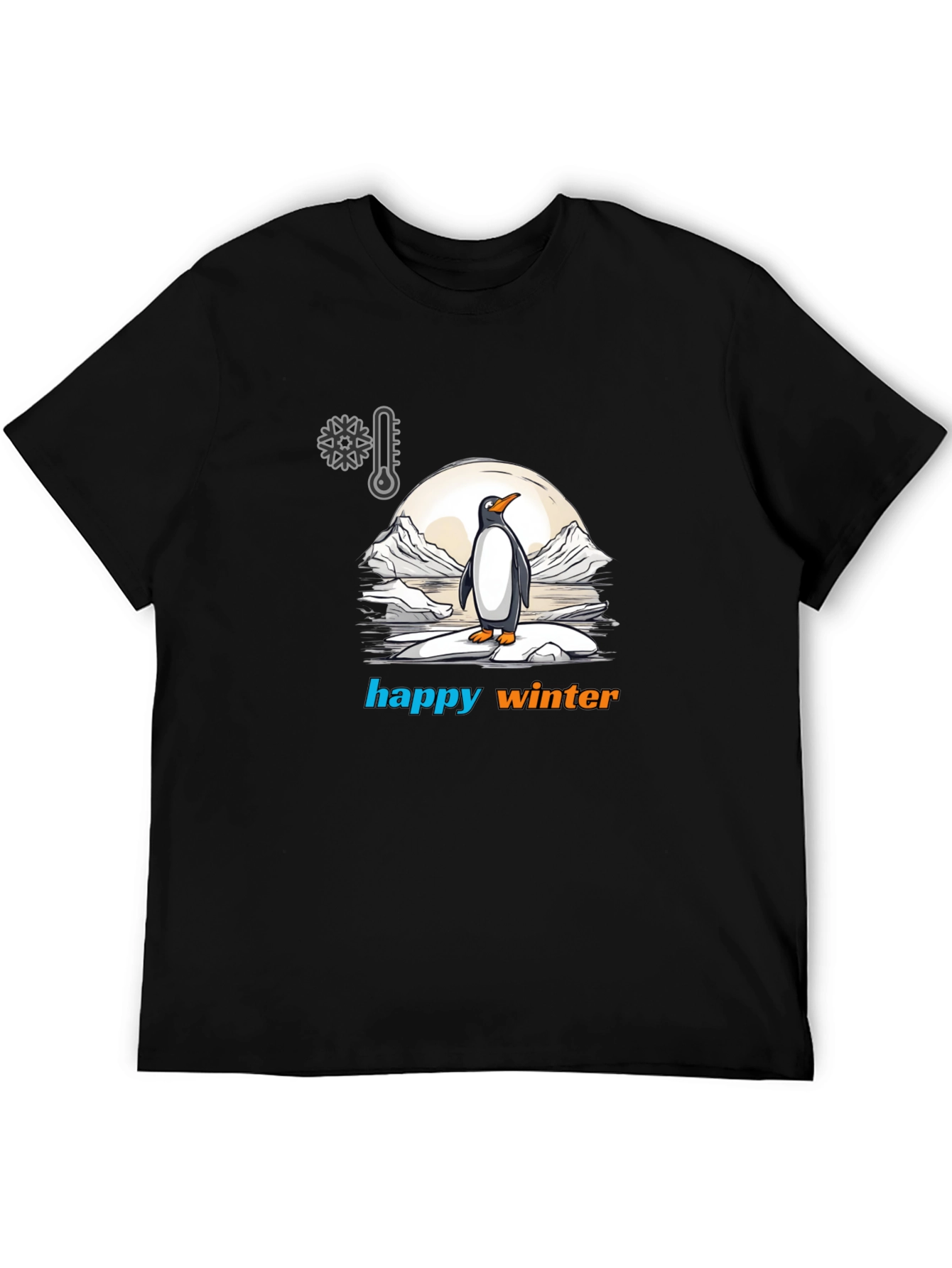Happy Winter Penguin Graphic Tee - Black