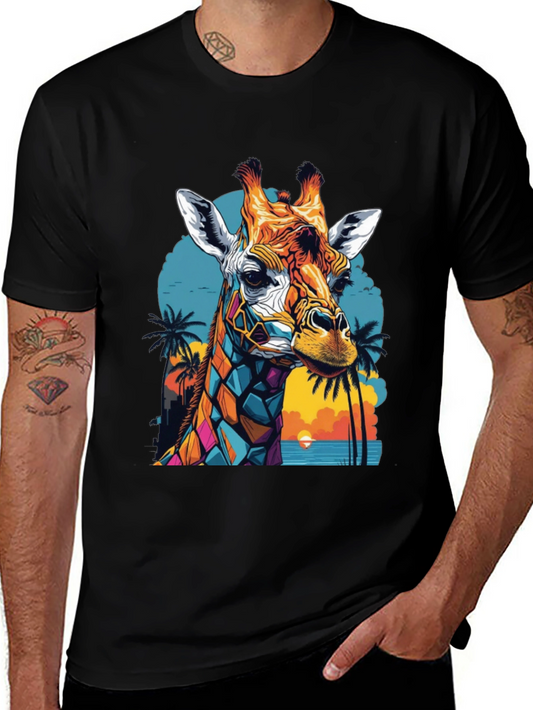 Geometric Giraffe Graphic Tee - Tropical Sunset Design