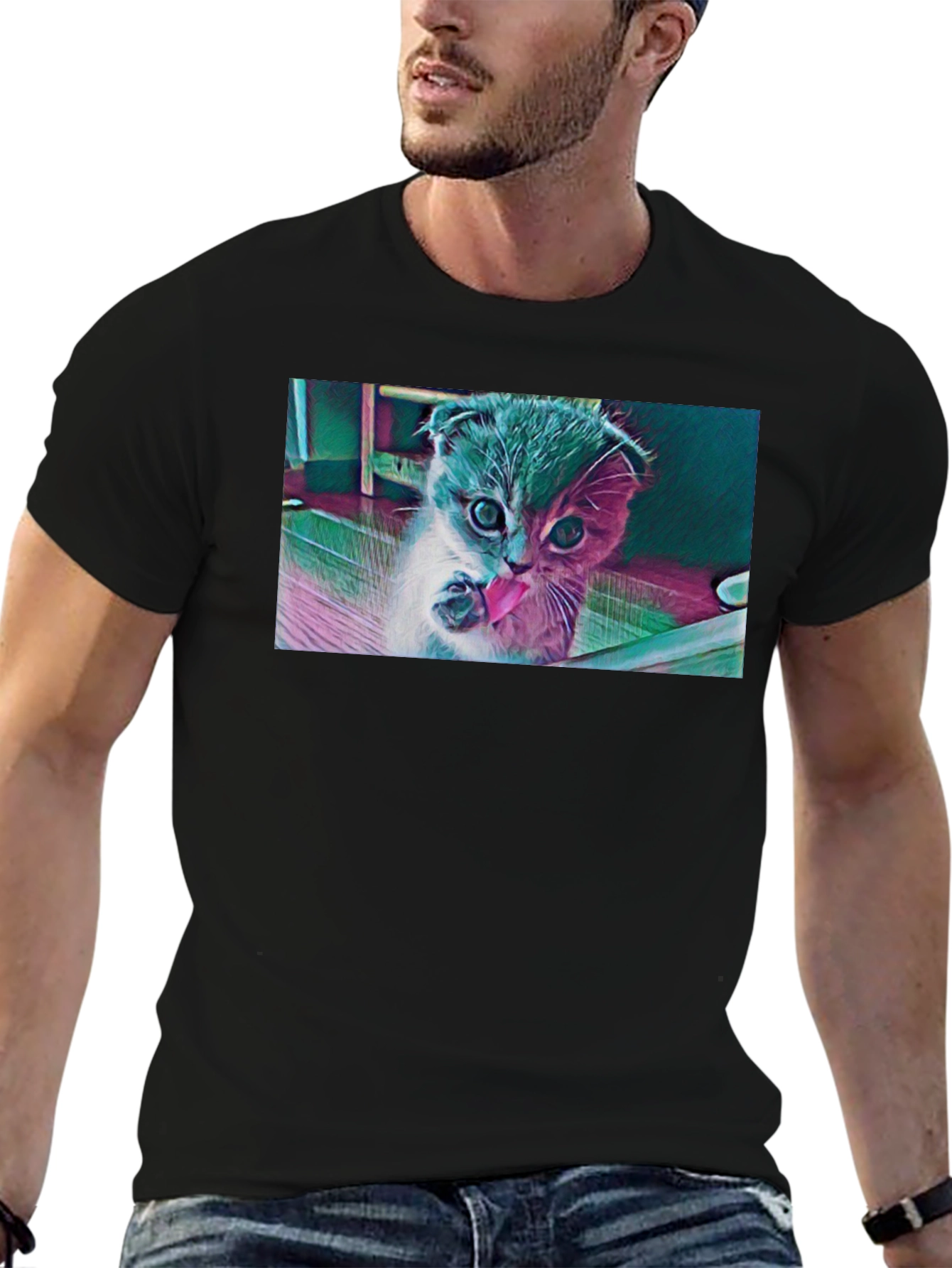 Cute Kitten Graphic Black T-Shirt