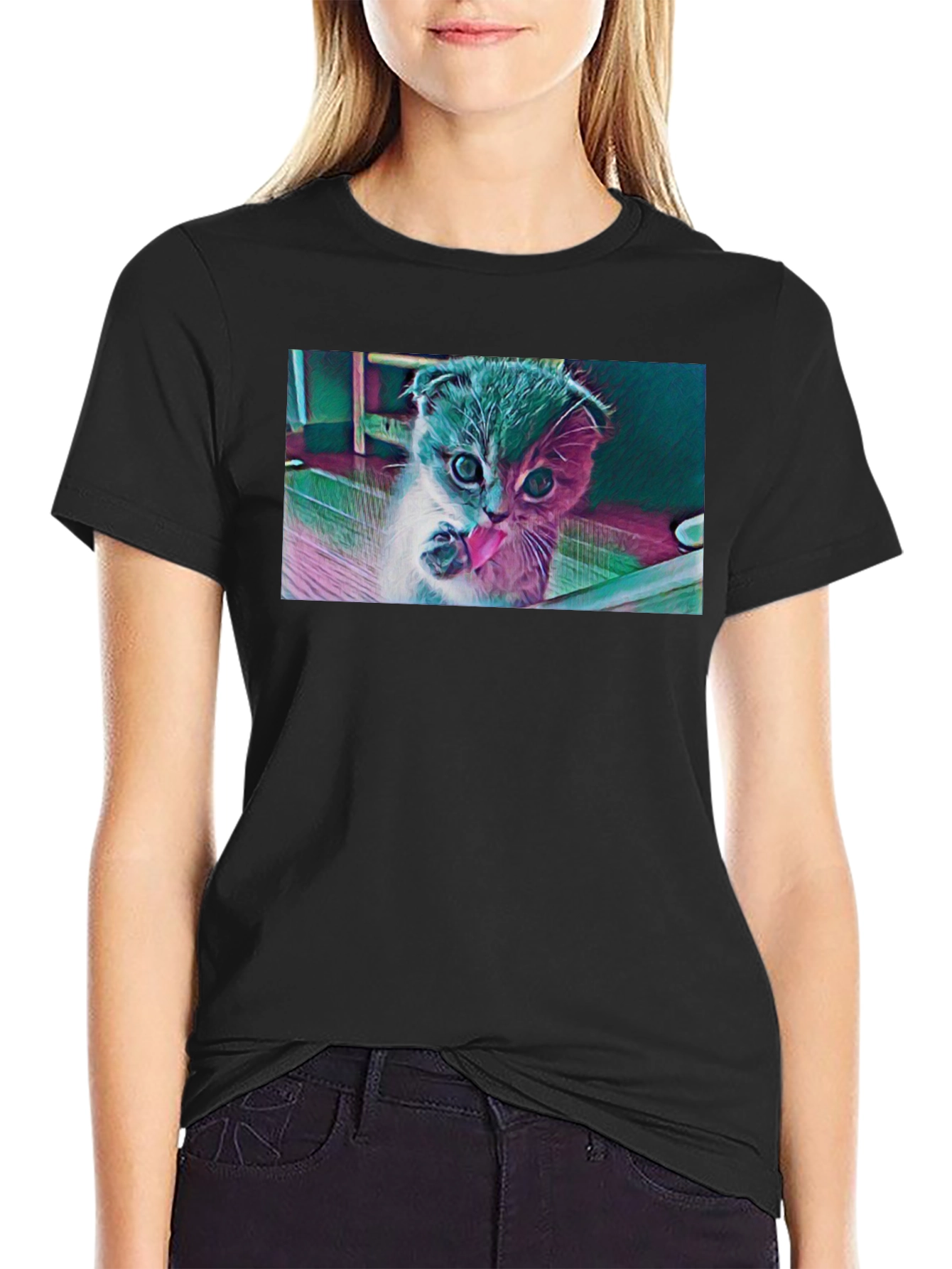 Cute Kitten Graphic Black T-Shirt