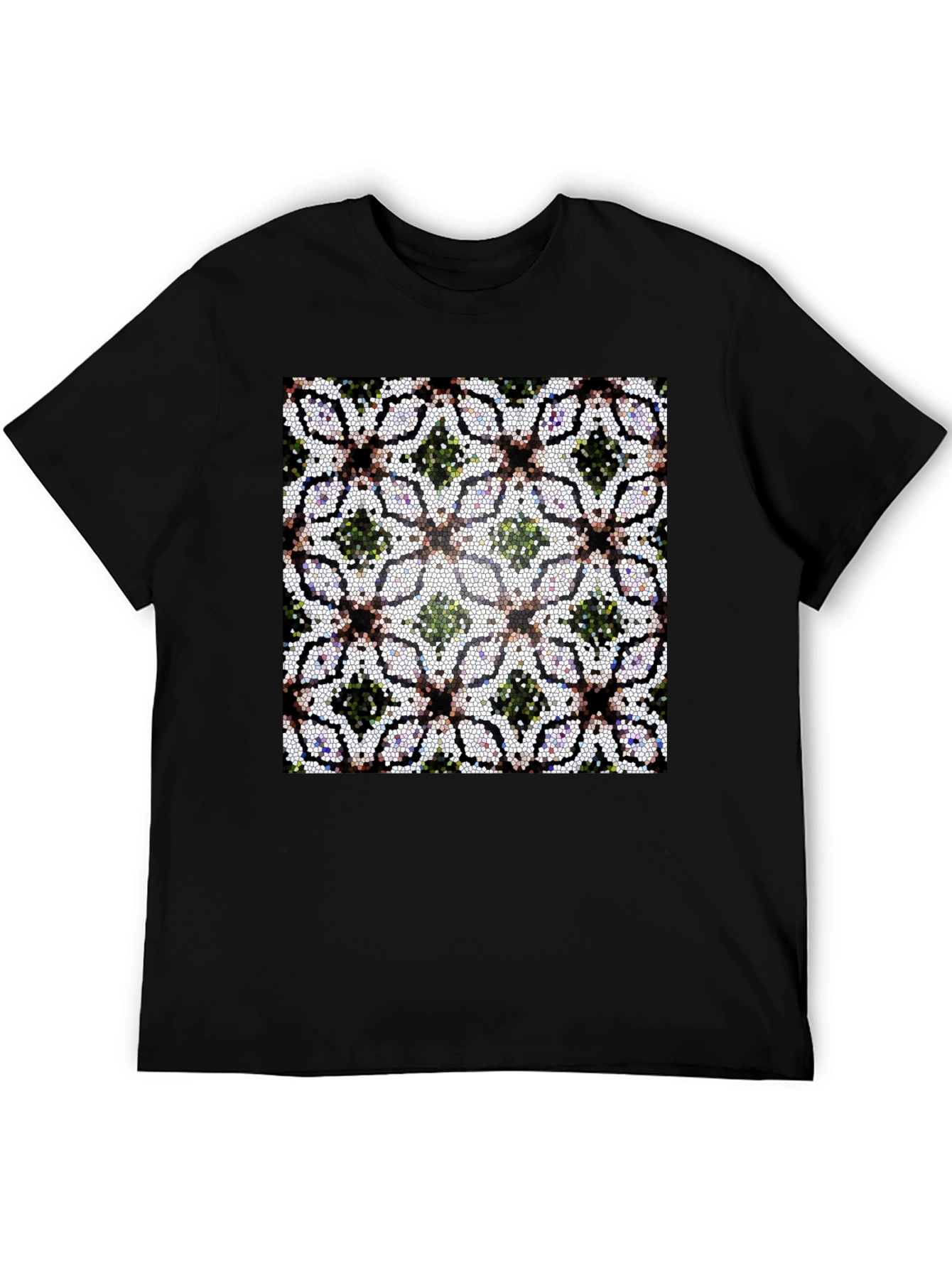 Mosaic Floral Pattern Black T-Shirt