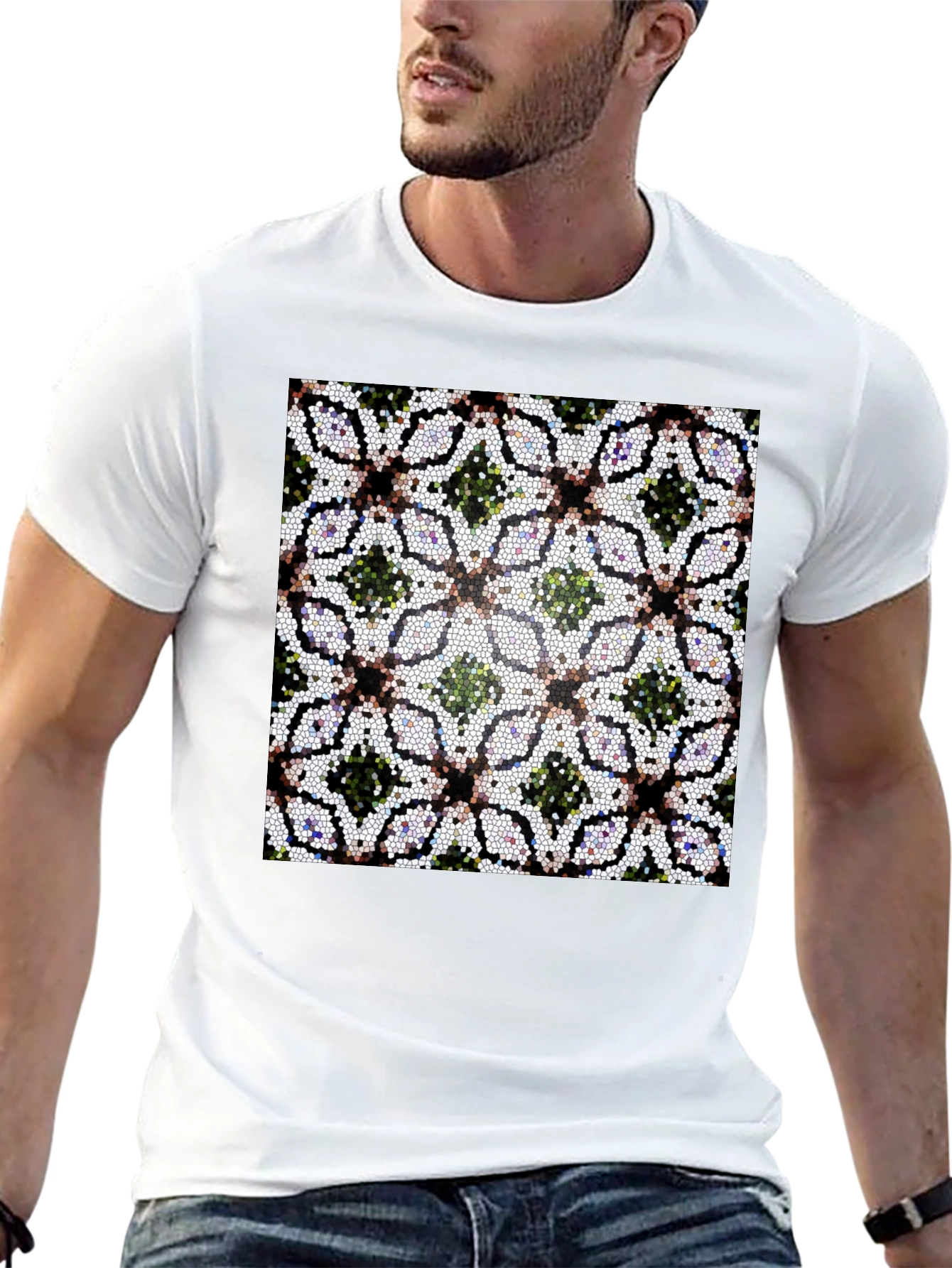 Mosaic Floral Pattern Black T-Shirt